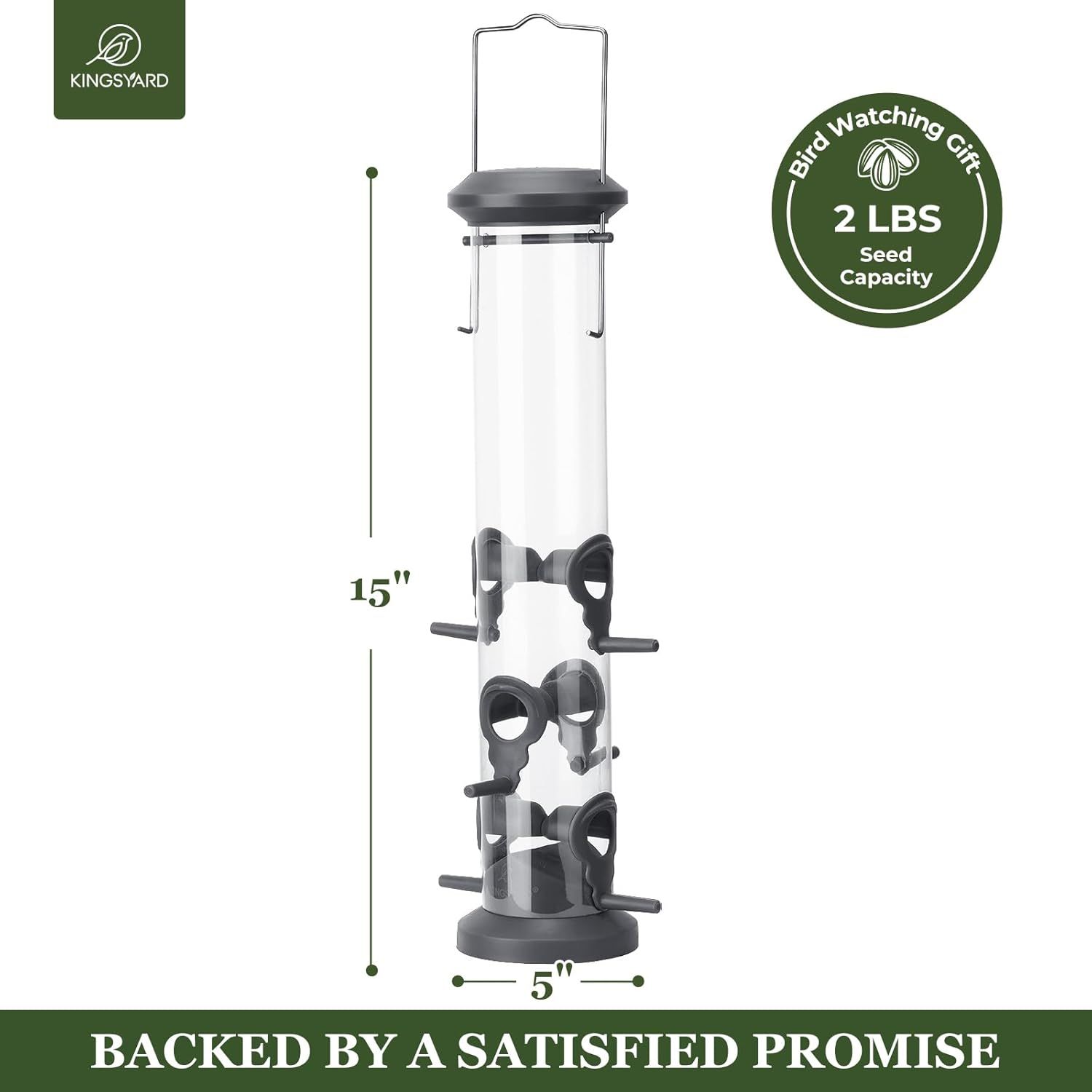 Communicates the exact physical size of the bird feeder to help shoppers understand if it will fit their space and meet their needs. Highlights the feeder's capacity to hold 2 pounds of bird seed,…