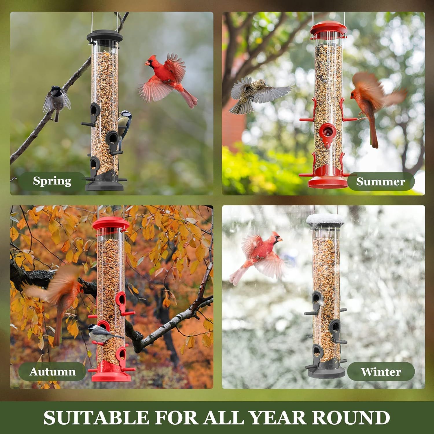 Demonstrates that the bird feeder works effectively across all four seasons (Spring, Summer, Autumn, Winter), reassuring shoppers of its year-round utility and durability.