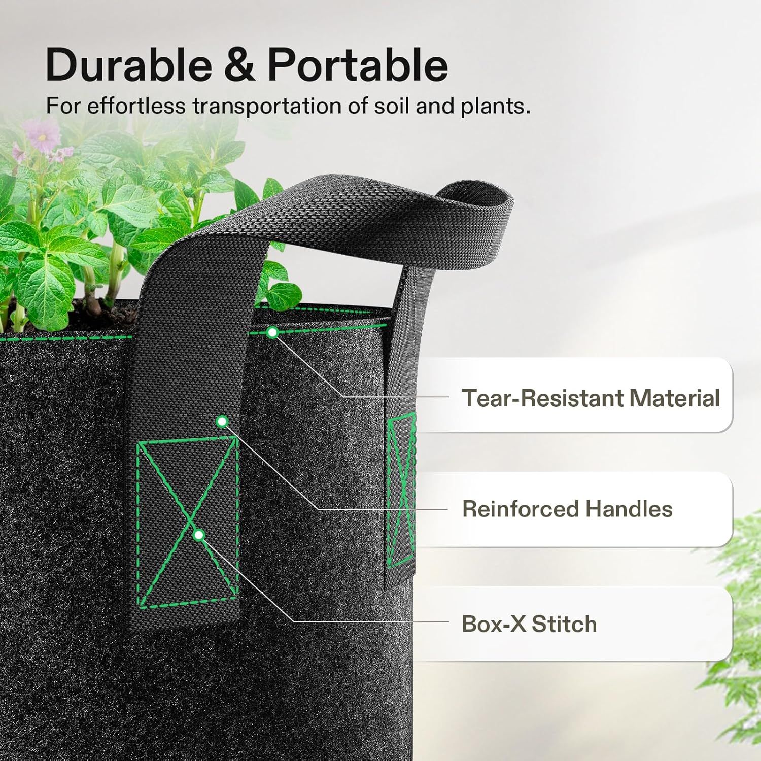 Breaks down the physical construction features of the planter bag to demonstrate its durable design and quality craftsmanship, reassuring shoppers of its longevity and reliability. Communicates the…