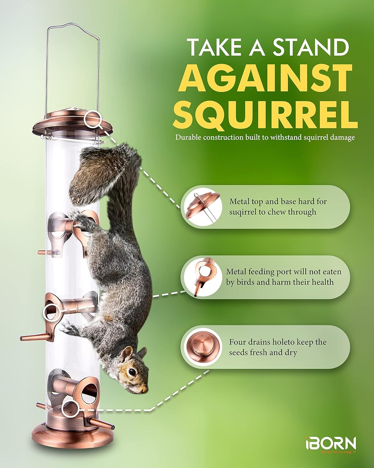 Breaks down the bird feeder's physical components to show how its durable metal construction protects against squirrel damage and keeps seeds fresh. Highlights multiple distinct benefits of the…