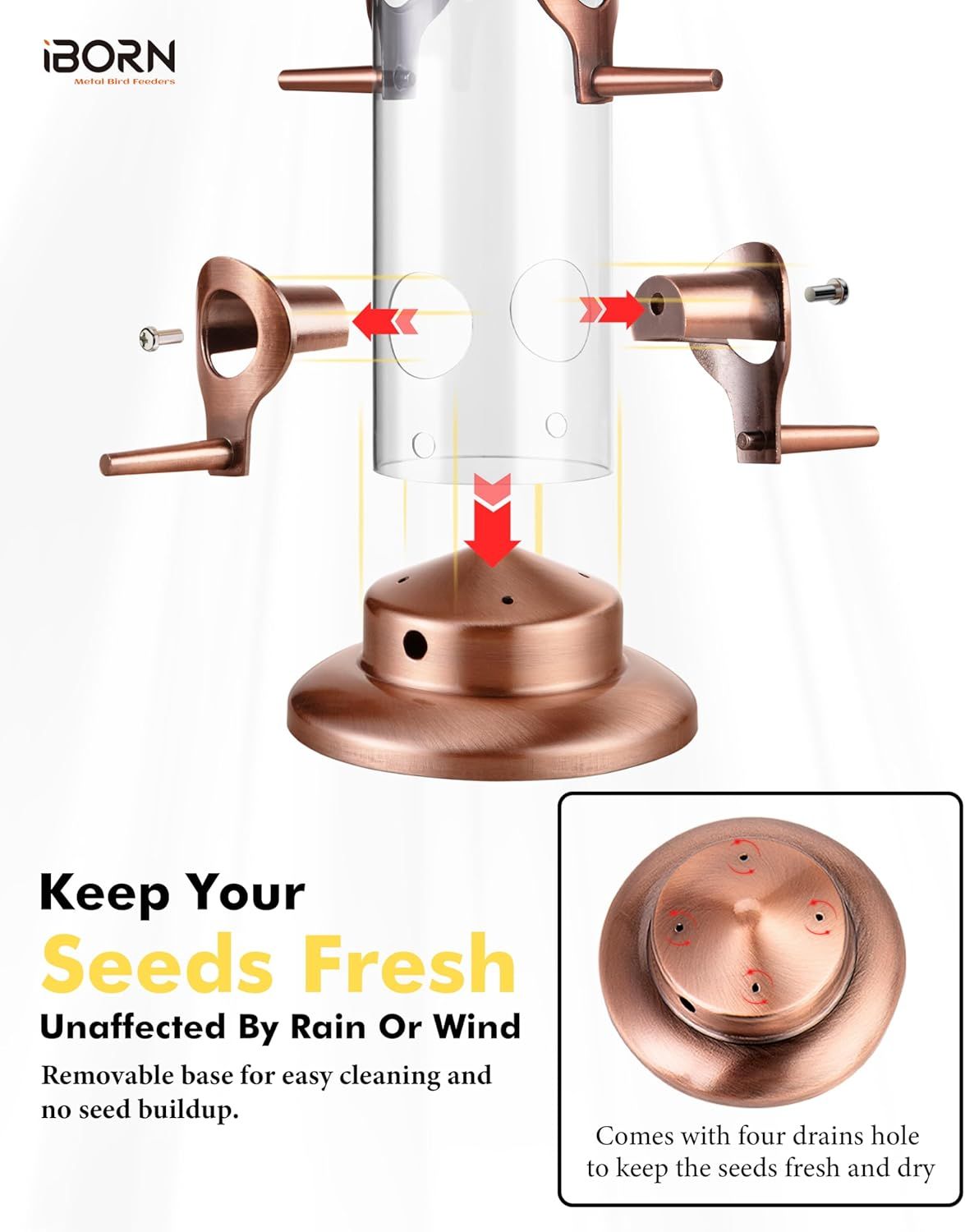 Demonstrates the bird feeder's removable base design with drainage holes to keep seeds fresh and dry, unaffected by rain or wind, while making cleaning easy. Communicates the key benefit of keeping…