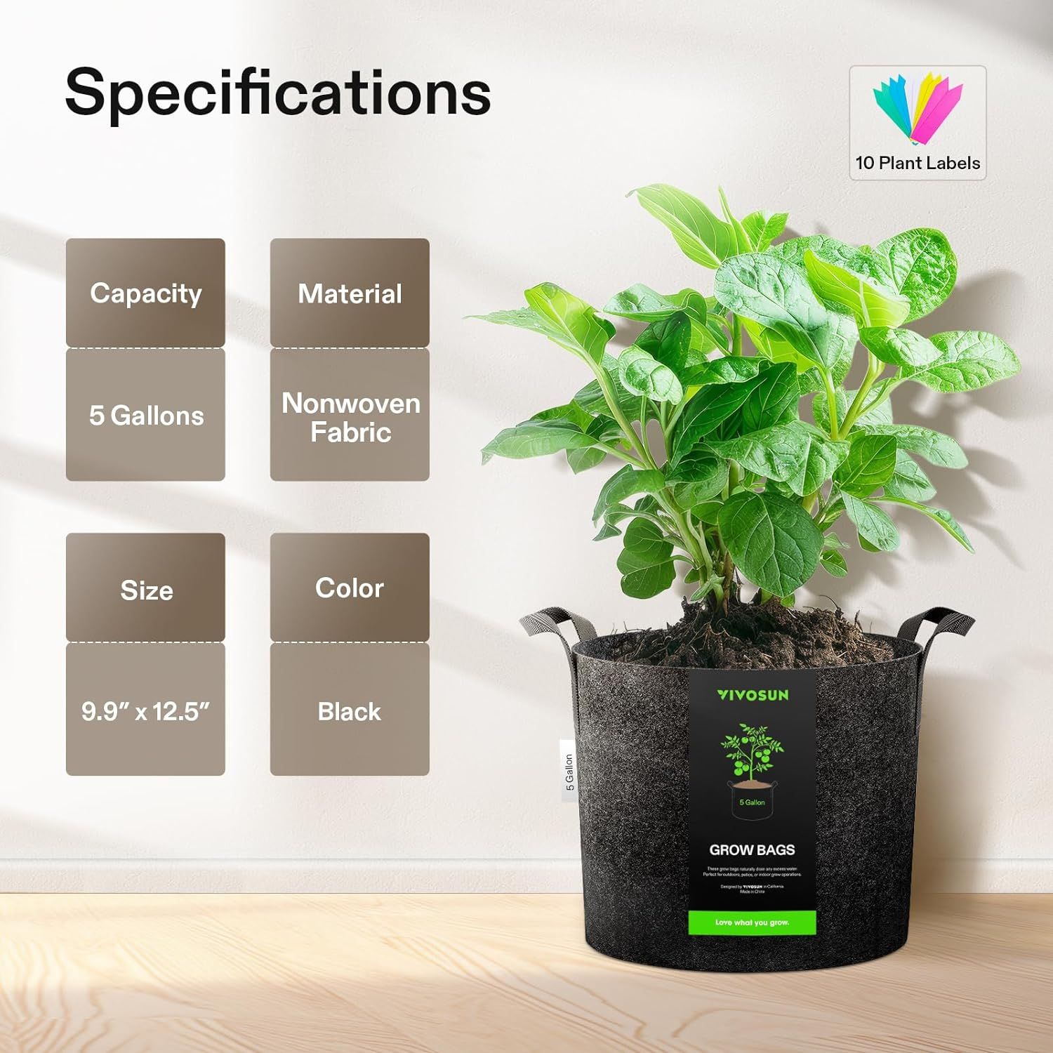 Communicates key product specifications in a segmented layout to help shoppers quickly understand the grow bag's capacity, material, dimensions, and color options.
