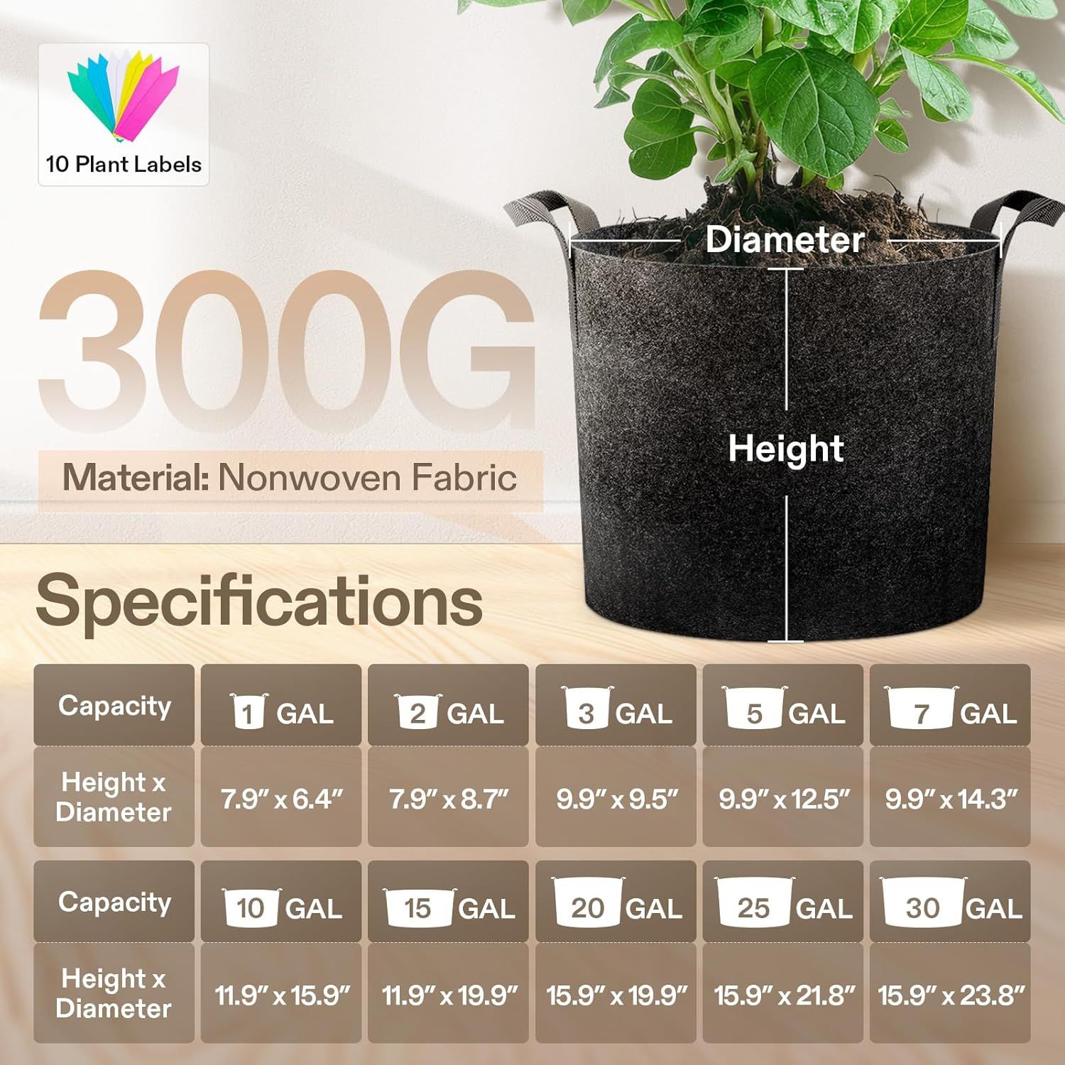 Provides detailed sizing specifications showing multiple capacity options (1-30 gallons) with corresponding height and diameter measurements to help shoppers choose the right planter size for their…