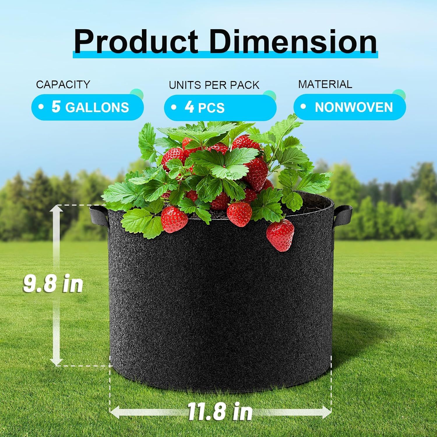 Communicates the exact physical size of the grow bag (9.8 inches height, 11.8 inches width) to help shoppers understand if it fits their space and gardening needs. Highlights multiple key product…