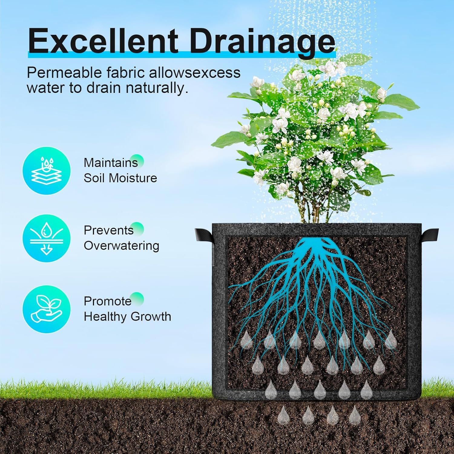 Communicates multiple benefits of the product's drainage system through a visually segmented layout with three distinct benefit callouts, reassuring shoppers that the planter promotes optimal plant…
