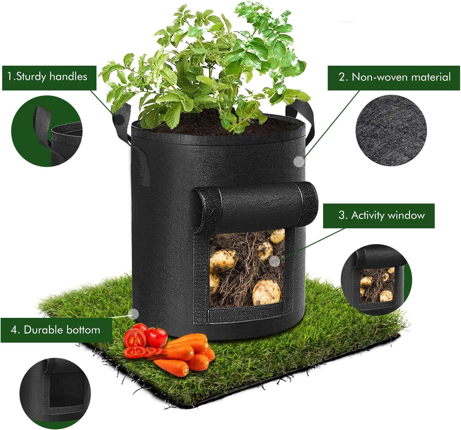 This image breaks down the physical components of the grow bag to help shoppers understand its construction quality and functional design features. Communicates multiple distinct benefits of the…