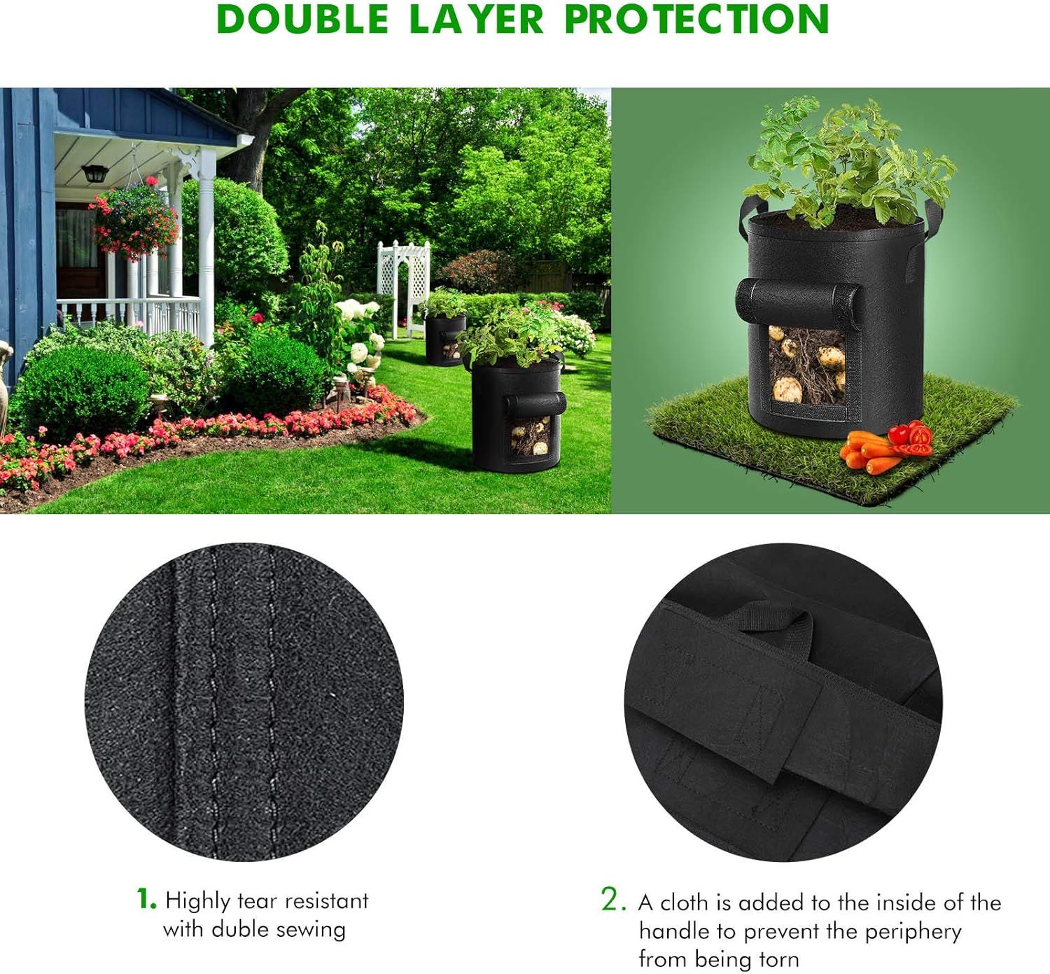 Highlights the product's durable construction features, specifically the double-layer protection, reinforced stitching, and handle reinforcement to reassure shoppers of its quality and longevity.…