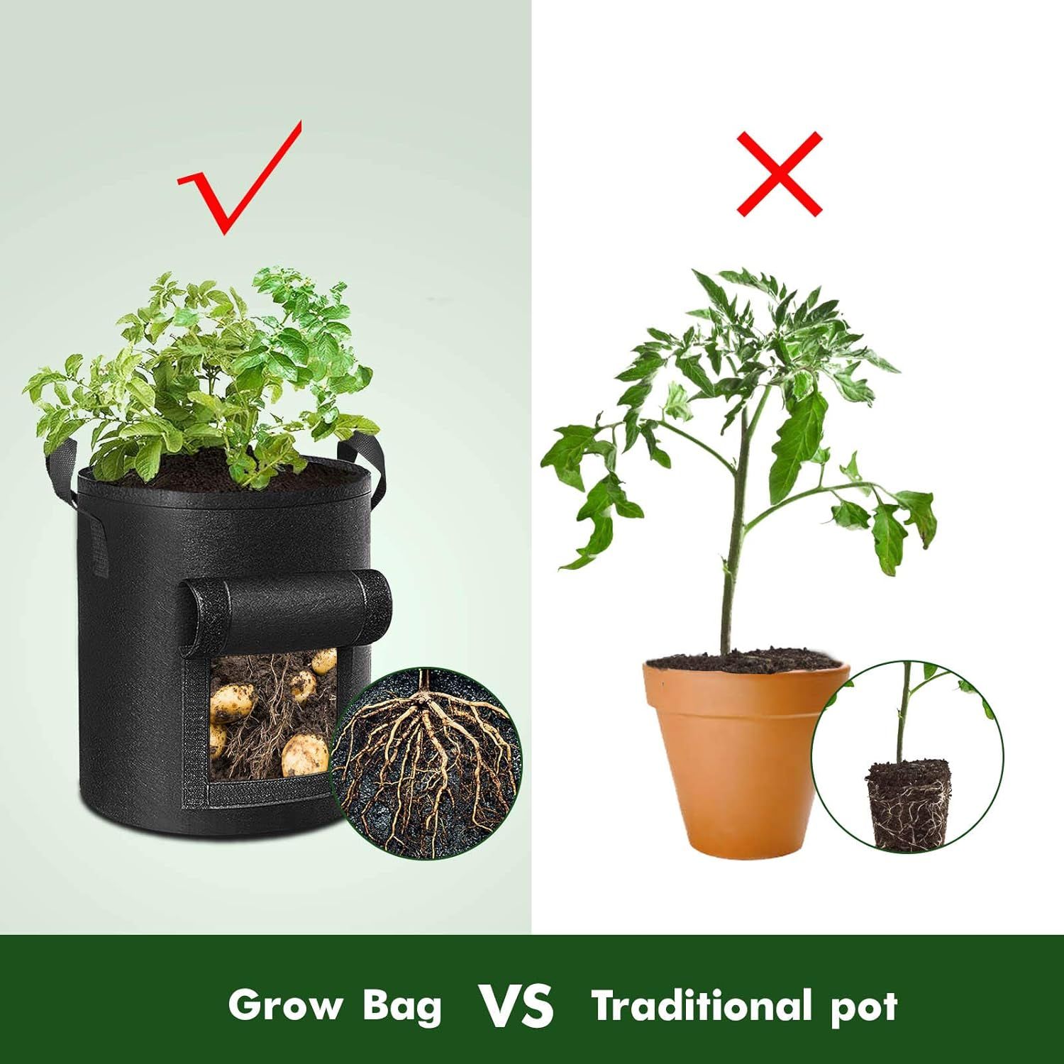 Demonstrates why the grow bag is superior to a traditional pot by showing healthier root systems, visible harvest access, and better plant growth to convince shoppers of the product's advantages.