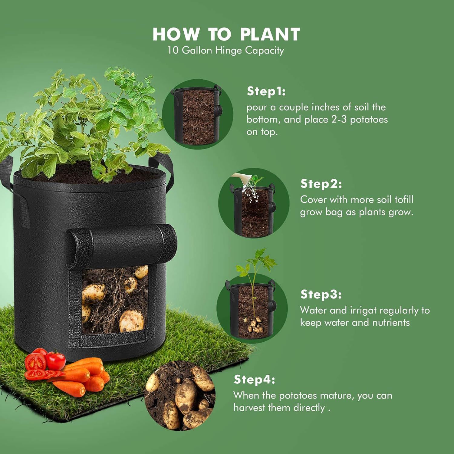 Provides clear step-by-step instructions on how to plant and use the potato grow bag, from initial planting through harvest, making the product easy to use for shoppers.