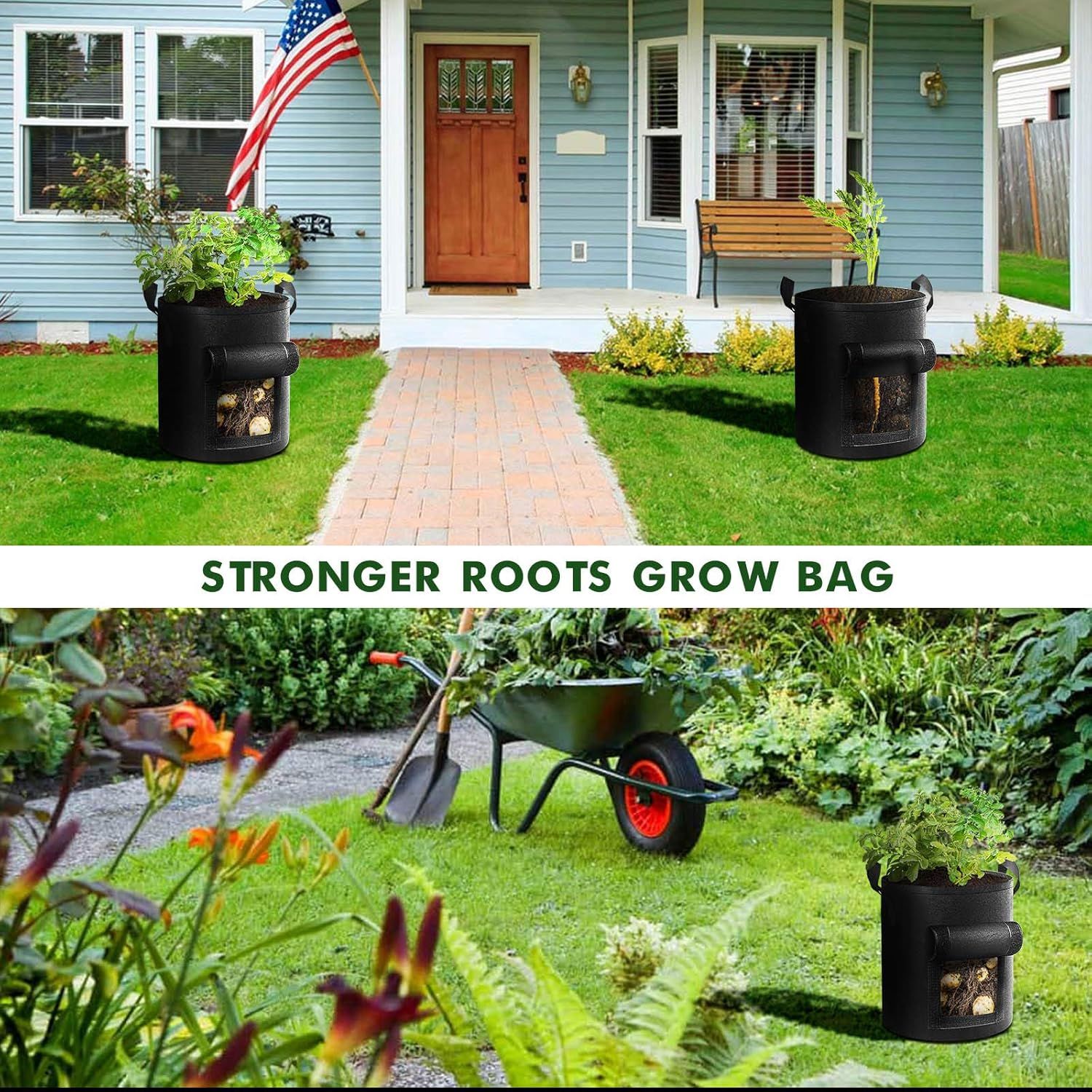 Demonstrates the versatility of the grow bag by showing it in multiple real-world settings—decorating a front porch and functioning in a garden environment—to communicate that the product works in…