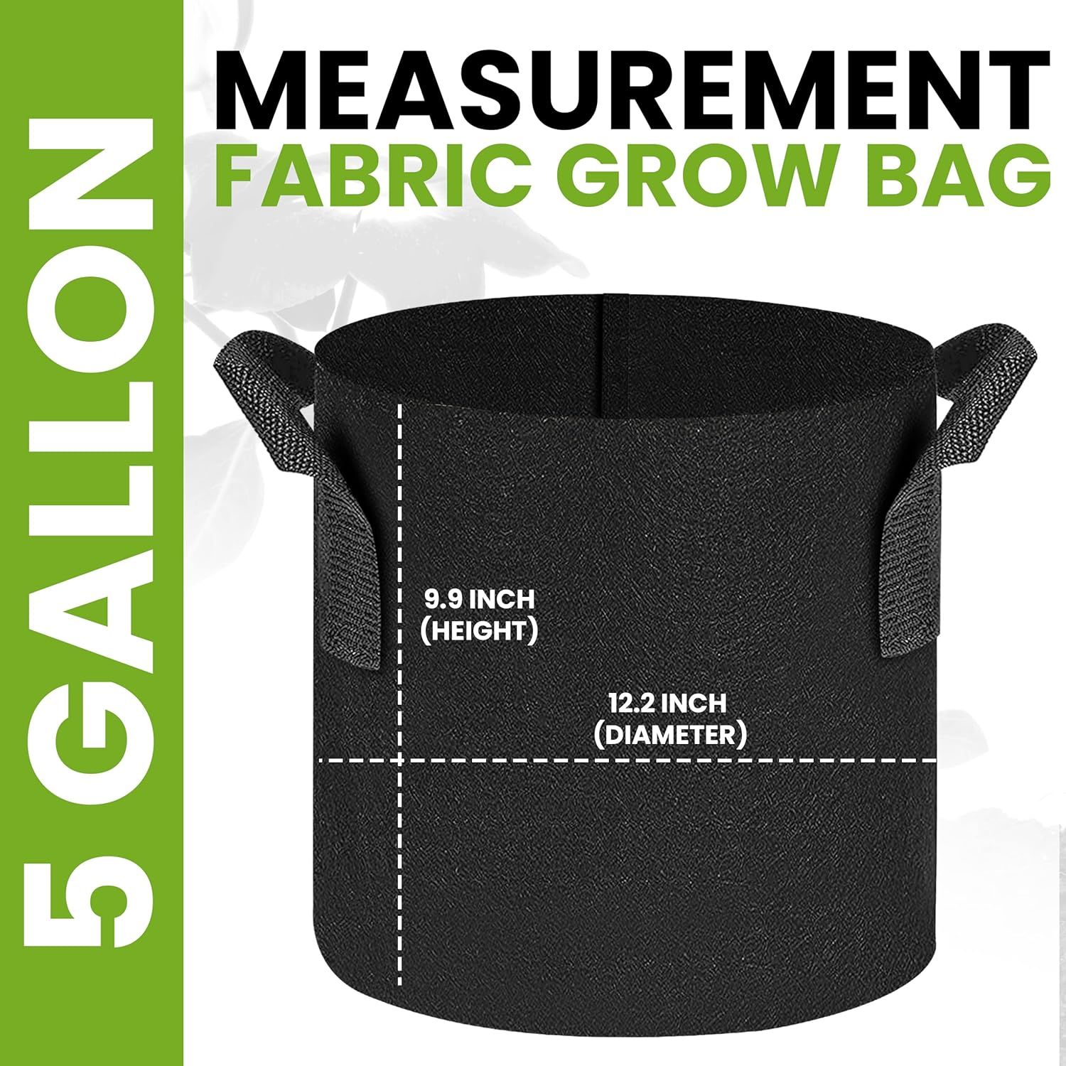 Communicates the exact physical size of the fabric grow bag (9.9 inch height, 12.2 inch diameter) to help shoppers understand if it will fit their space and planting needs.