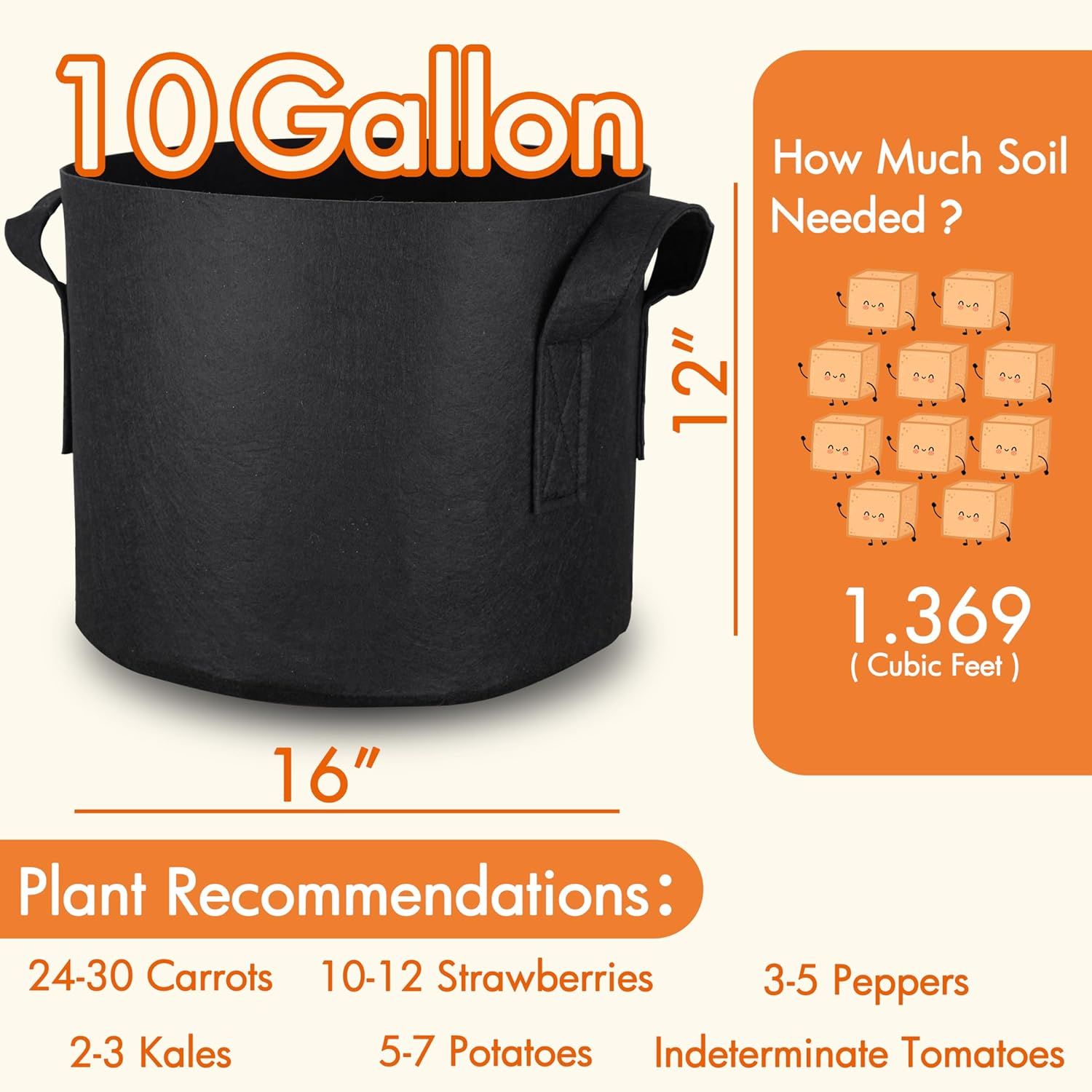 Communicates the product's capacity and physical dimensions to help shoppers understand how much soil the planter bag can hold and its size specifications. Provides practical planting…