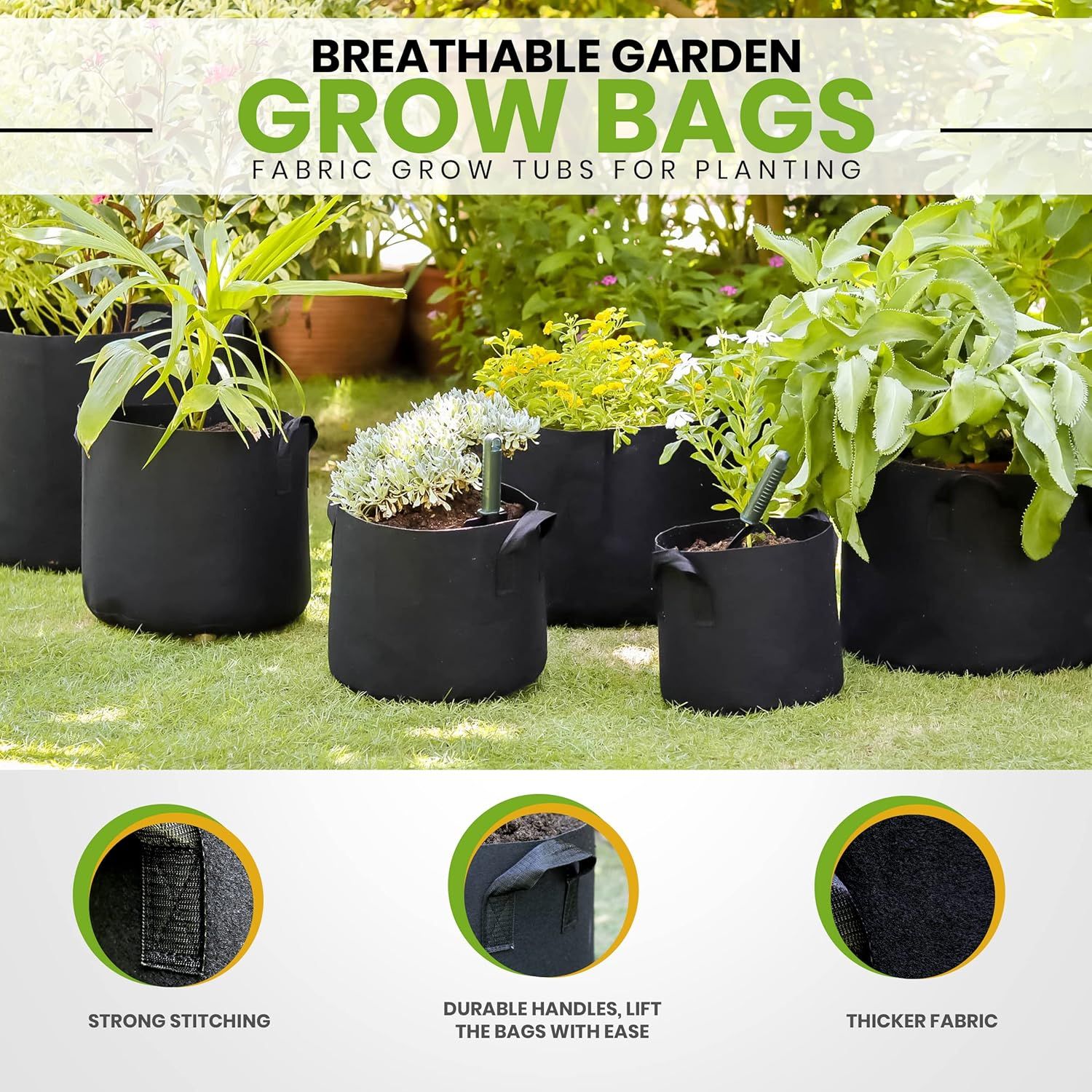 Highlights three distinct quality features of the breathable garden grow bags to reassure shoppers of the product's durability and construction quality.