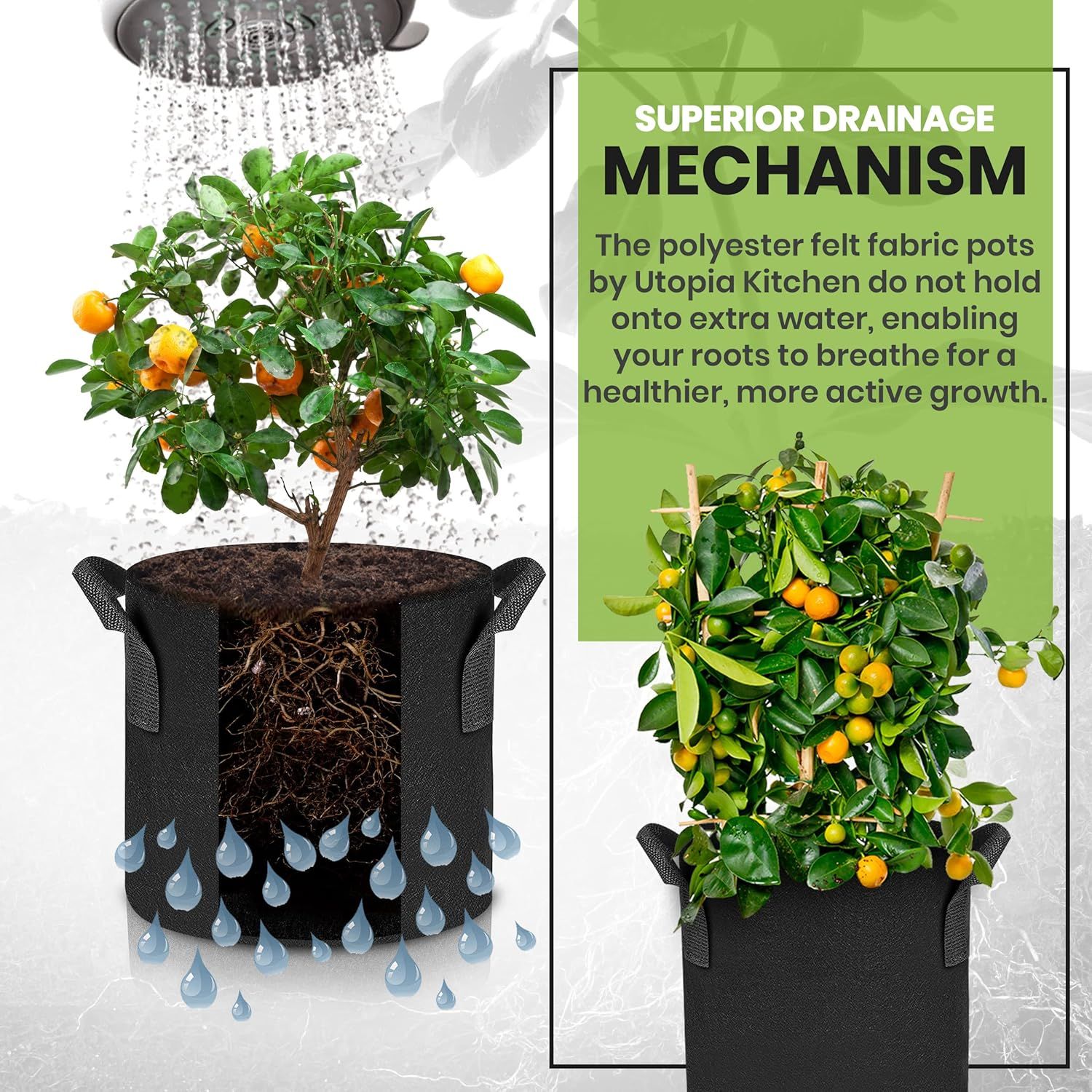 Communicates that the polyester felt fabric pots enable superior drainage and root breathability, promoting healthier plant growth by preventing water retention.