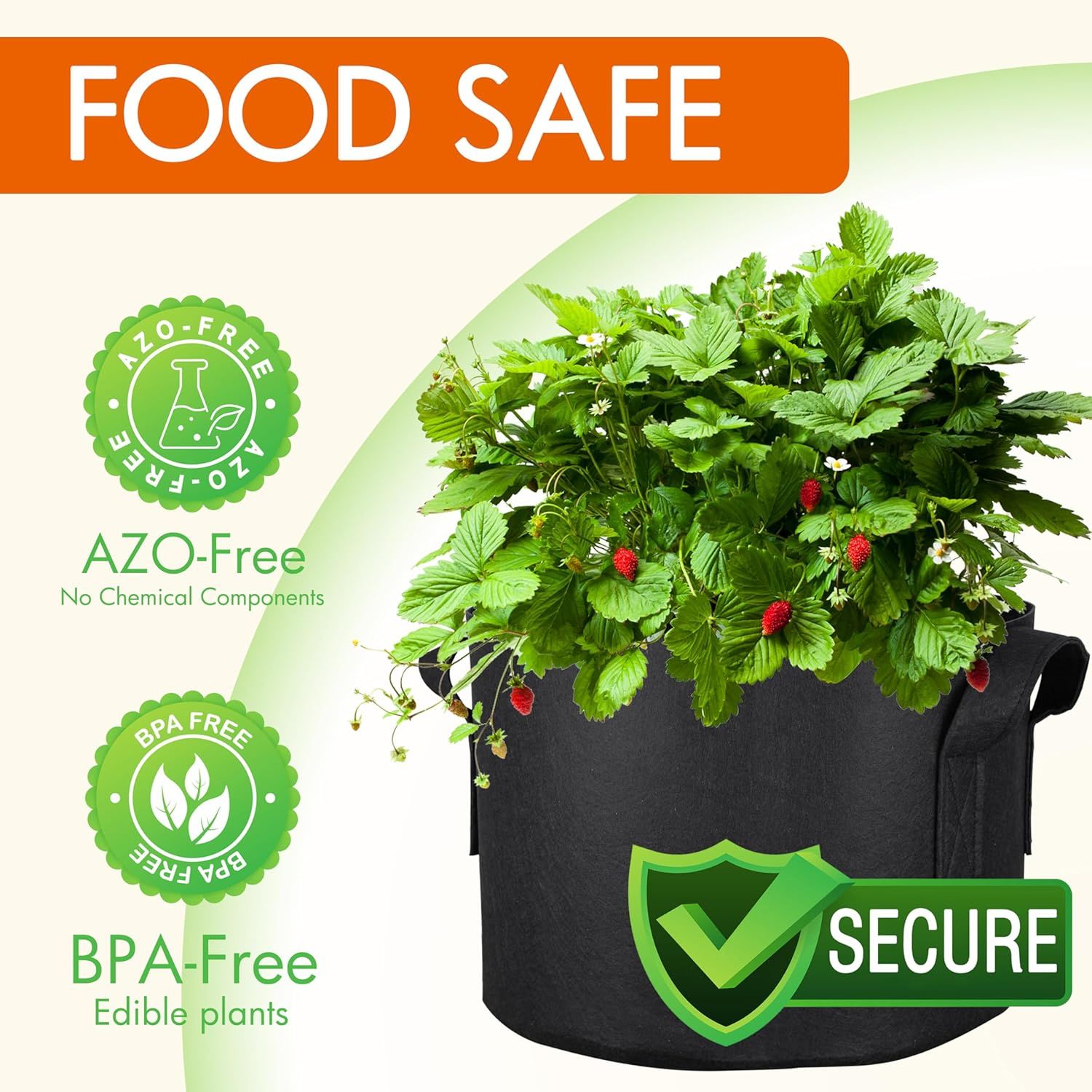 Reassures shoppers that the product is safe for growing edible plants by highlighting its food-safe, chemical-free, and BPA-free certifications. Communicates multiple safety and quality benefits in…