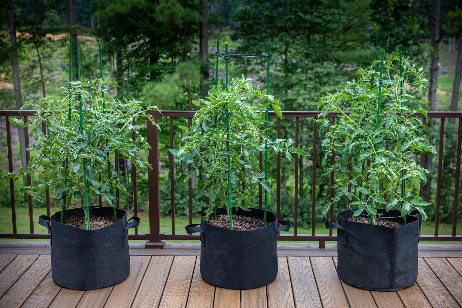 Demonstrates the product in a real-world outdoor setting to show how the grow bags can be used for container gardening on a deck or patio.