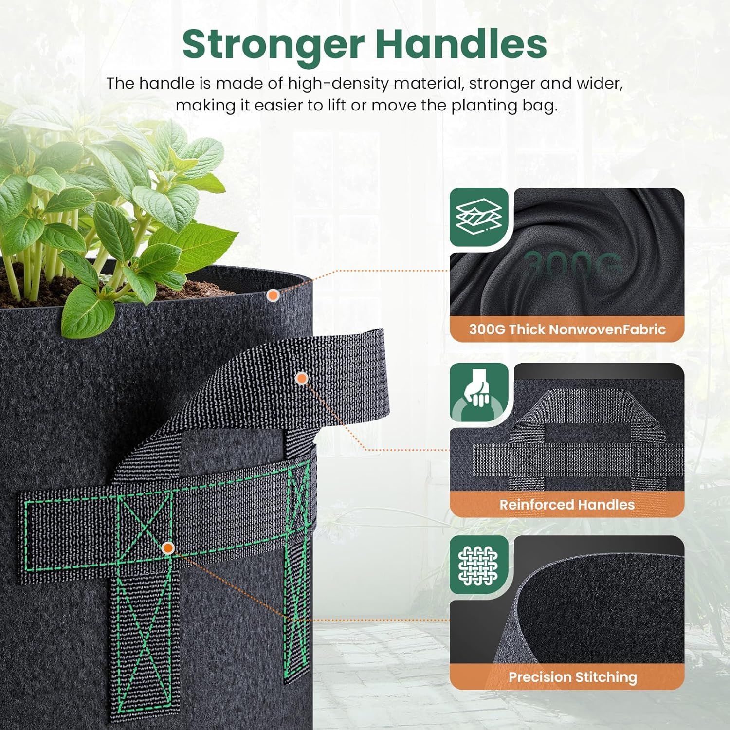 This image breaks down the physical construction of the planting bag's handles, highlighting the high-density material, thickness, reinforcement, and stitching quality to reassure shoppers of…