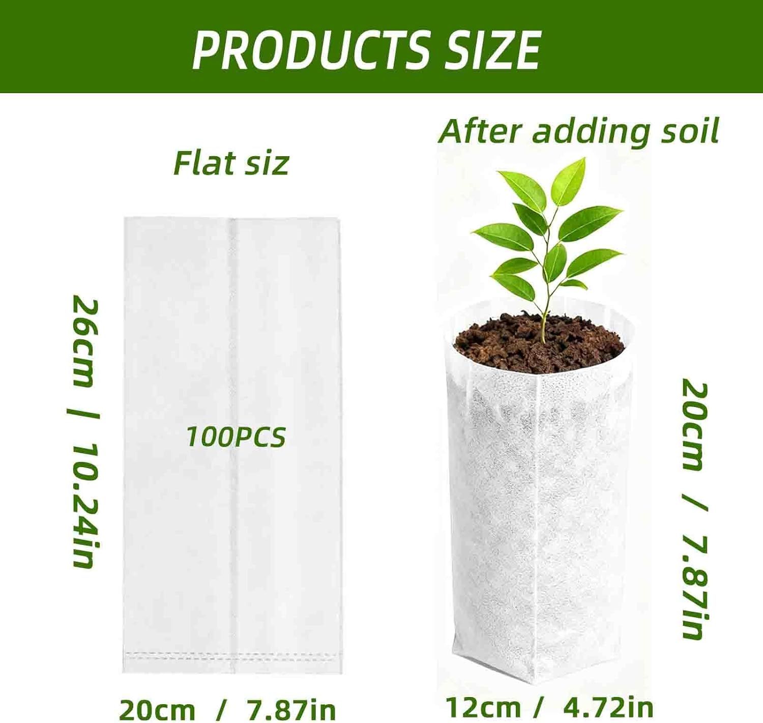 Communicates the exact physical dimensions of the plant grow bags in both flat and filled states, helping shoppers understand the product size before and after use.