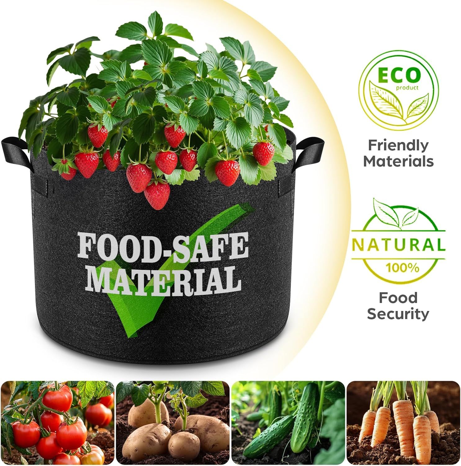 Communicates that the grow bag is made from environmentally responsible and food-safe materials, reassuring shoppers about safety and sustainability. Demonstrates the product's versatility by…