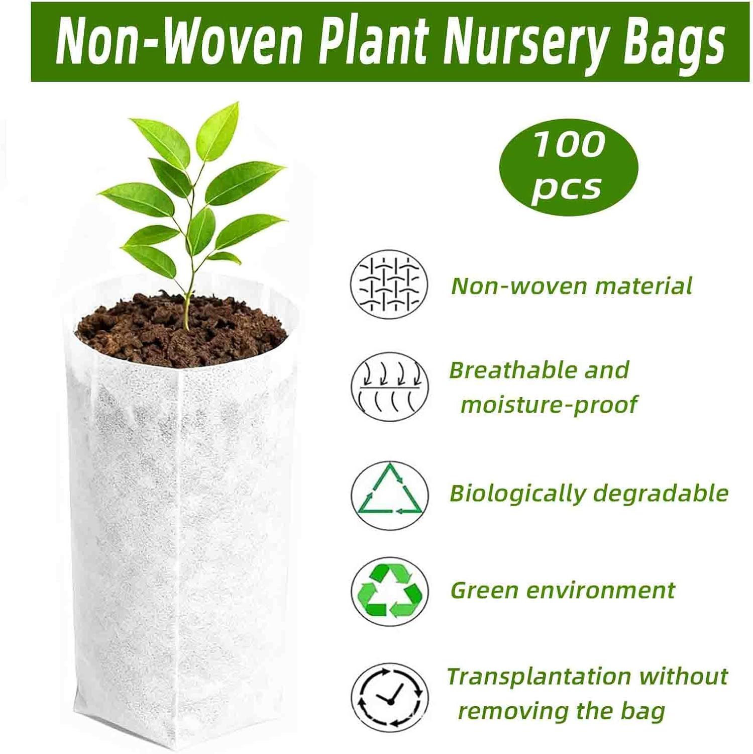 Communicates multiple distinct benefits of the plant nursery bags through a segmented layout with icons and text, highlighting material quality, breathability, sustainability, and ease of use.