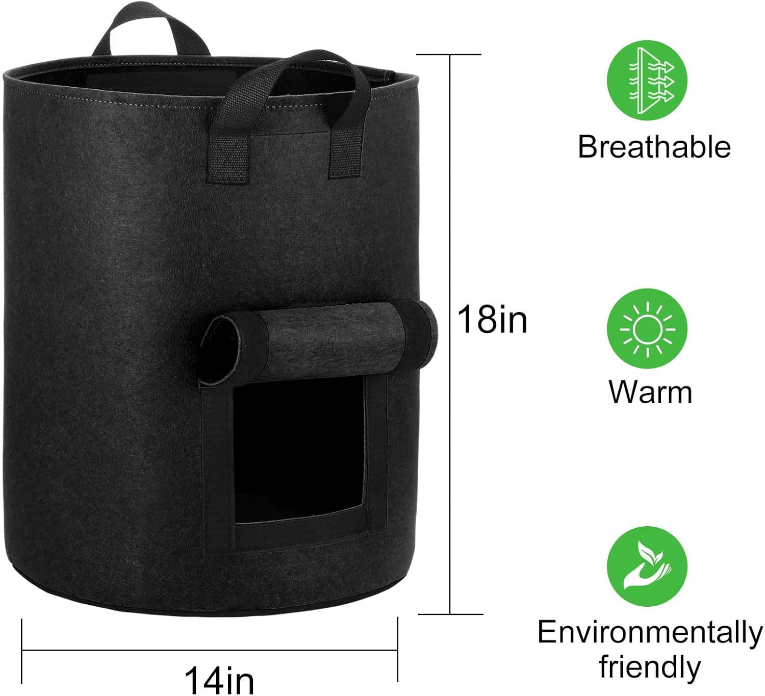 Communicates the exact physical size of the planter bag to help shoppers understand if it will fit their space and needs. Highlights three distinct product benefits through icon-based callouts to…