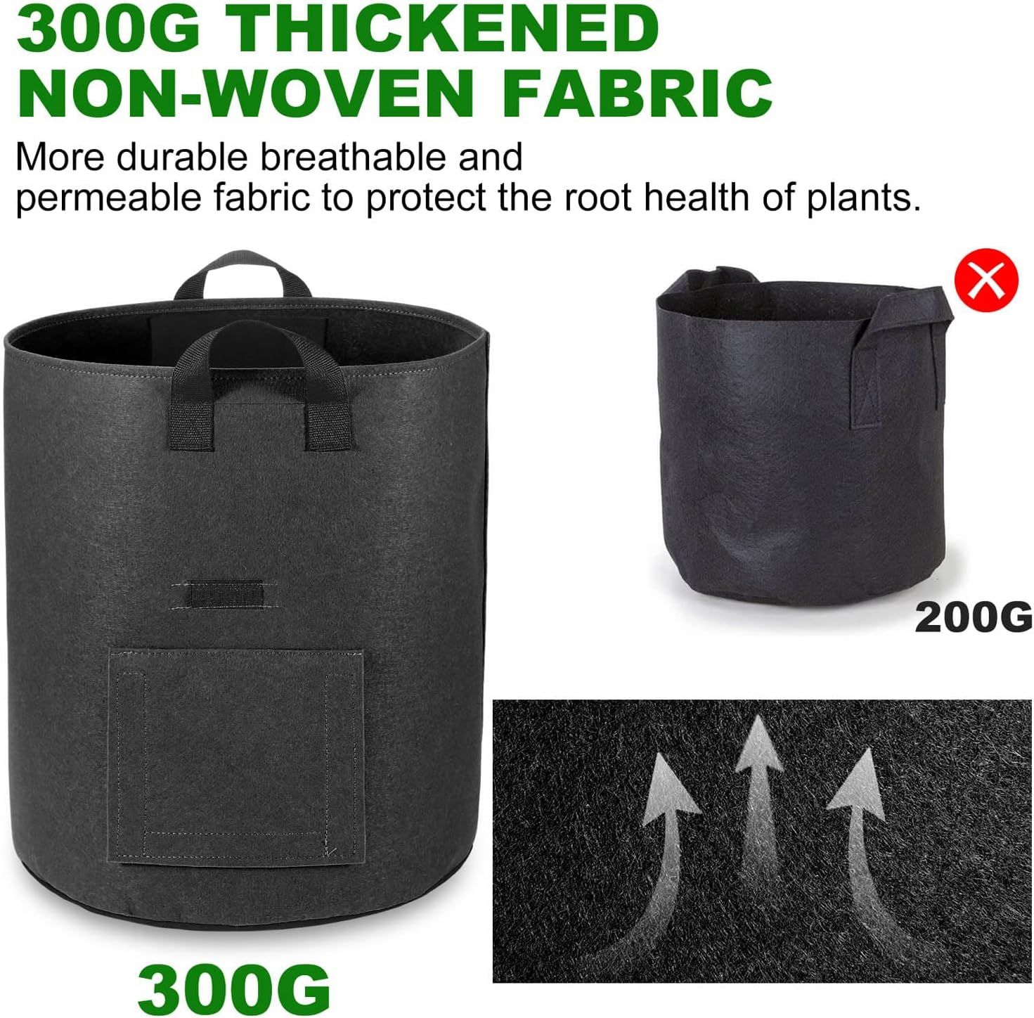 Demonstrates that the 300G thickened fabric version is superior to the thinner 200G competitor product, emphasizing enhanced durability, breathability, and permeability for better plant root health.…