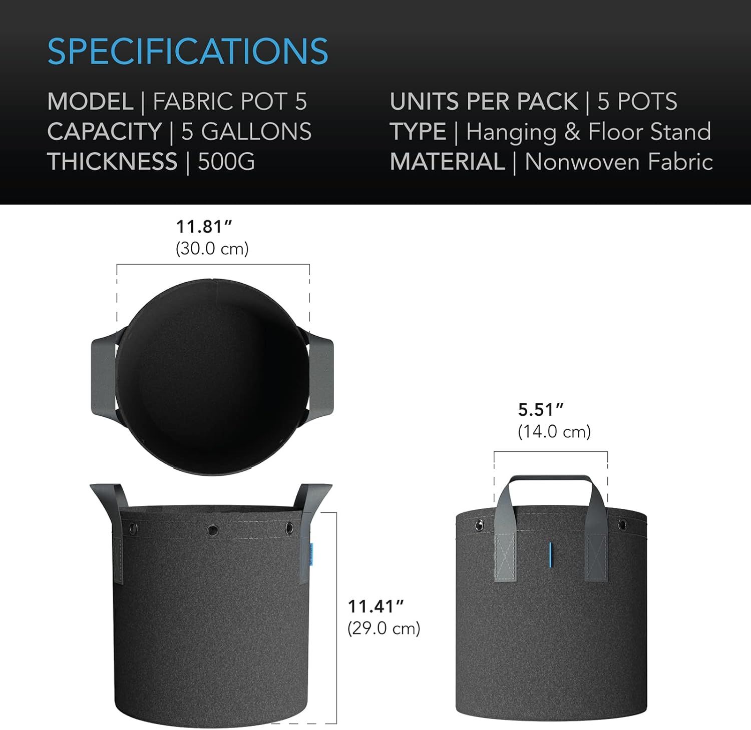 Communicates the exact physical dimensions of the fabric pots (diameter and height in inches and centimeters) to help shoppers understand the size and ensure it fits their space and needs. Provides…