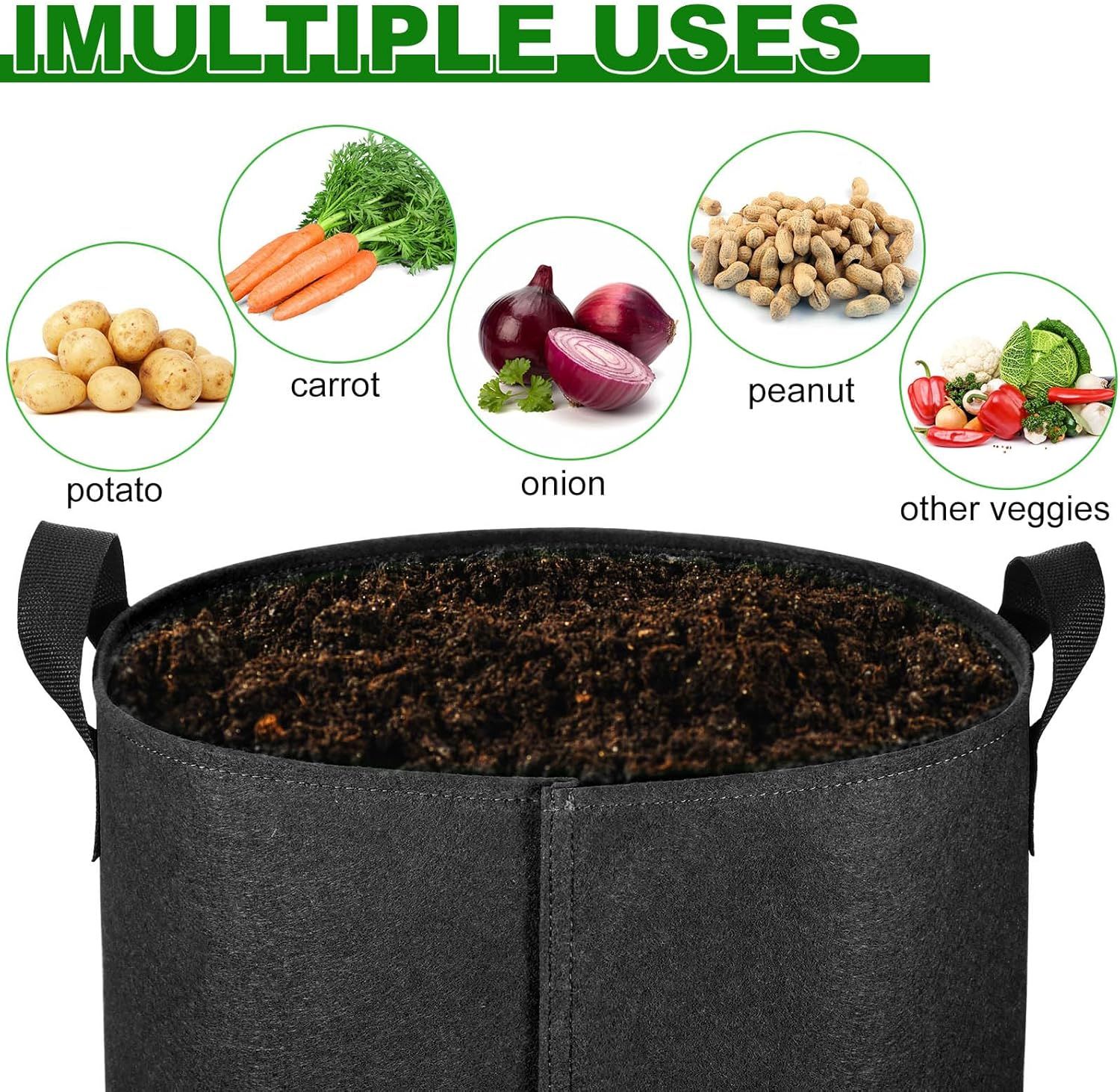 Demonstrates the product's versatility by showing it can be used to grow multiple types of vegetables including potatoes, carrots, onions, peanuts, and other veggies, reassuring shoppers of its…