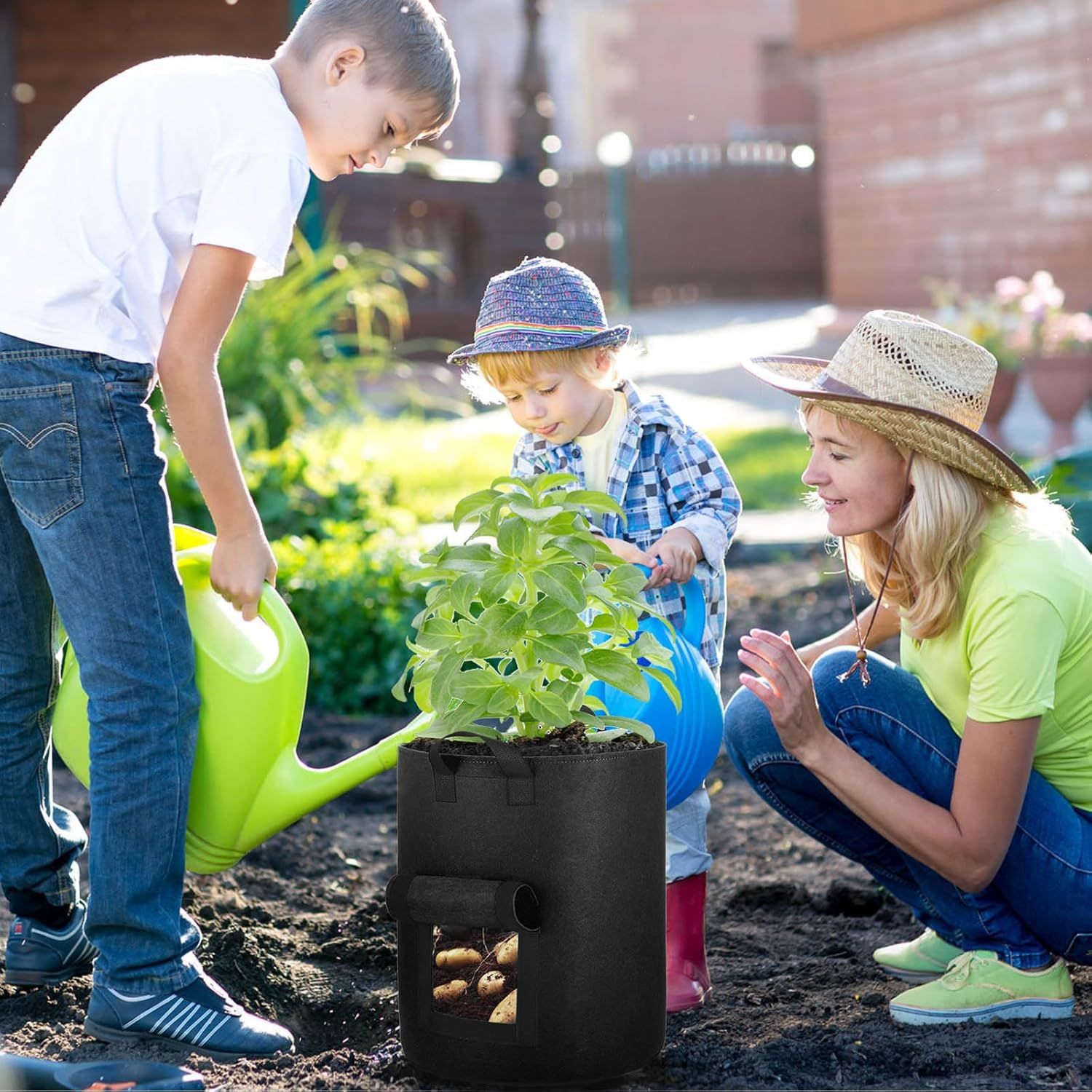 Demonstrates the product in use within a real-world outdoor gardening context with a family, creating an emotional connection and showing practical application.