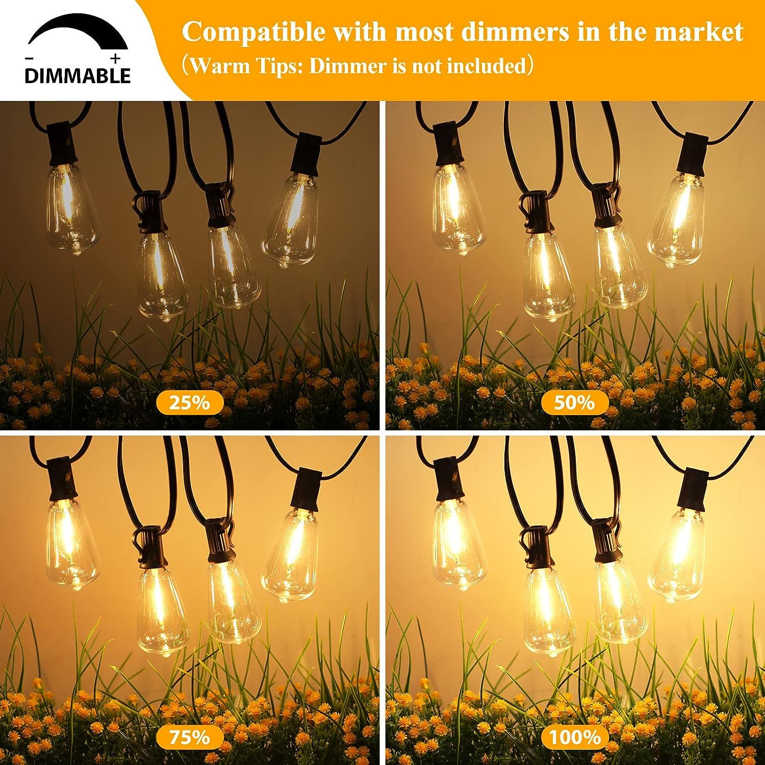 Demonstrates the product's compatibility with most dimmers by showing four different brightness settings (25%, 50%, 75%, 100%), reassuring shoppers that they can adjust the lighting to their…
