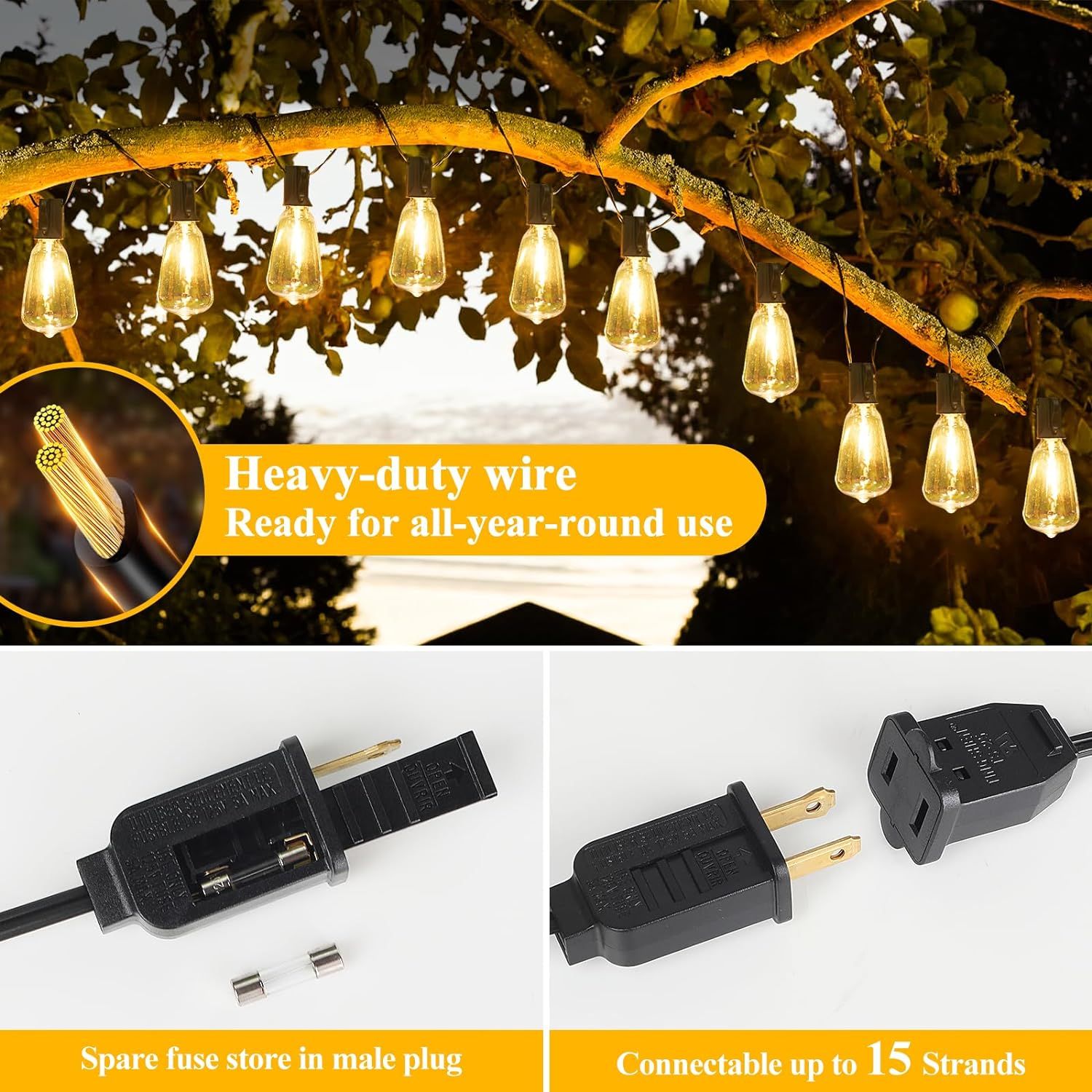 Communicates multiple product benefits in a segmented layout: durability for all-year use, safety feature with spare fuse storage, and versatility with connectable strands up to 15.