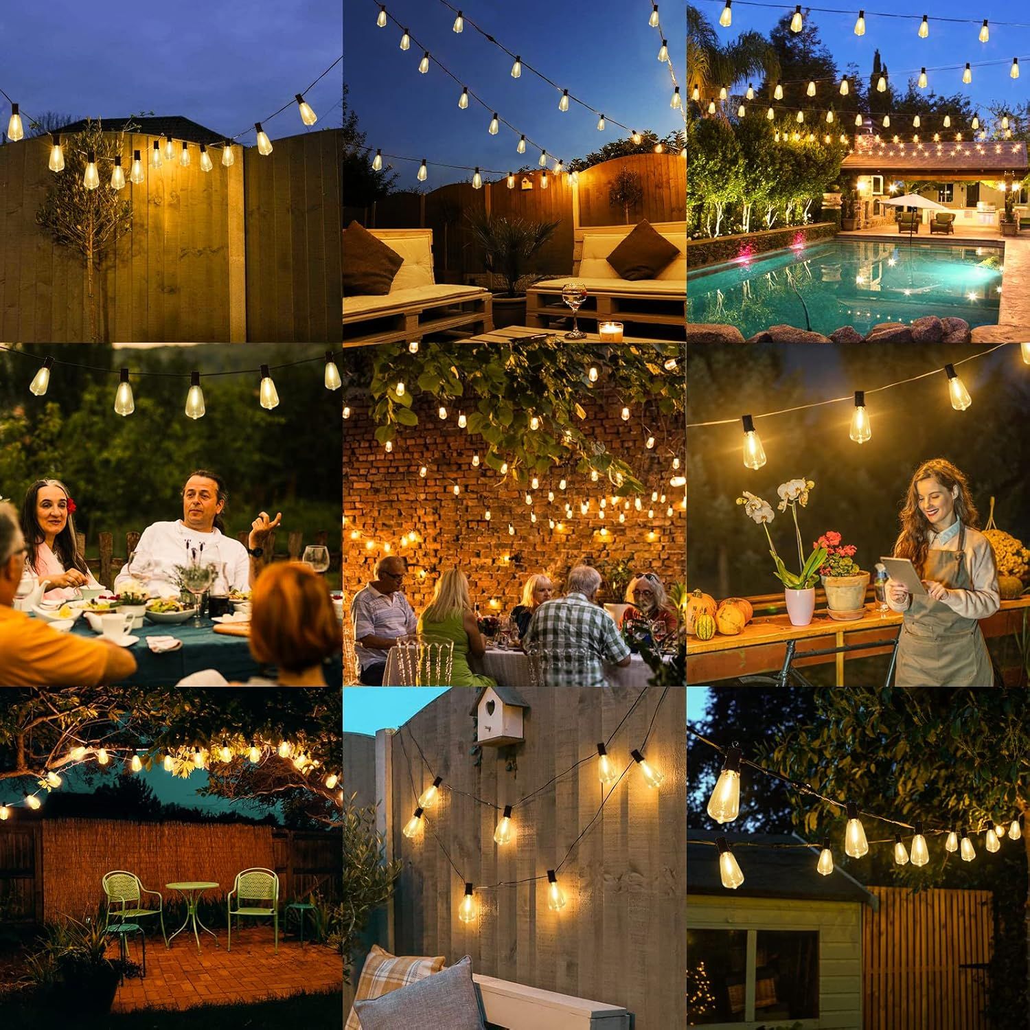 Demonstrates the product's versatility by showing it used in multiple outdoor environments and social settings, reassuring shoppers that the string lights work for various occasions and spaces.