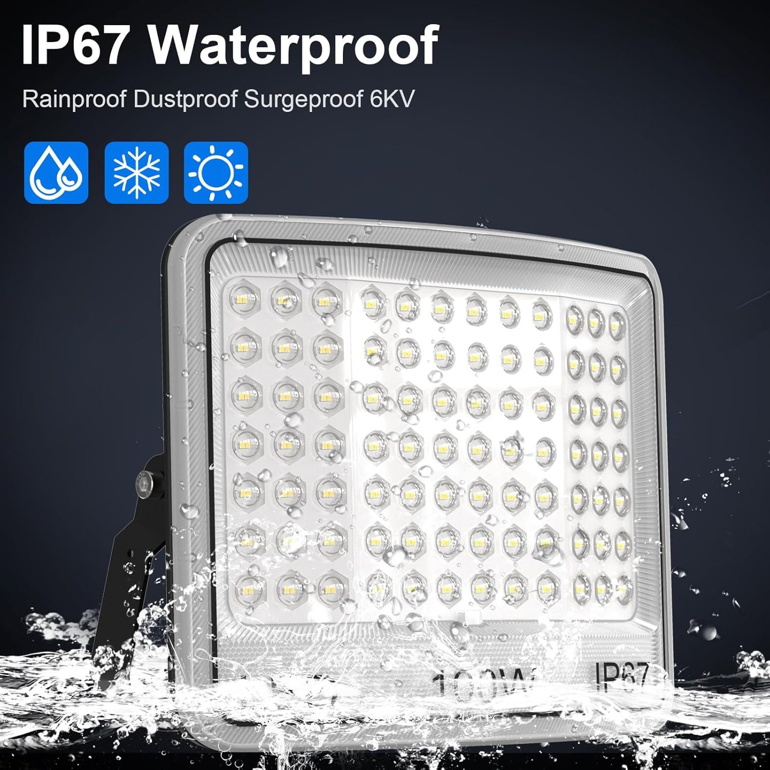 Communicates the product's comprehensive protection features (IP67 waterproof rating, dust resistance, surge protection, and extreme temperature tolerance) to reassure buyers that this LED…