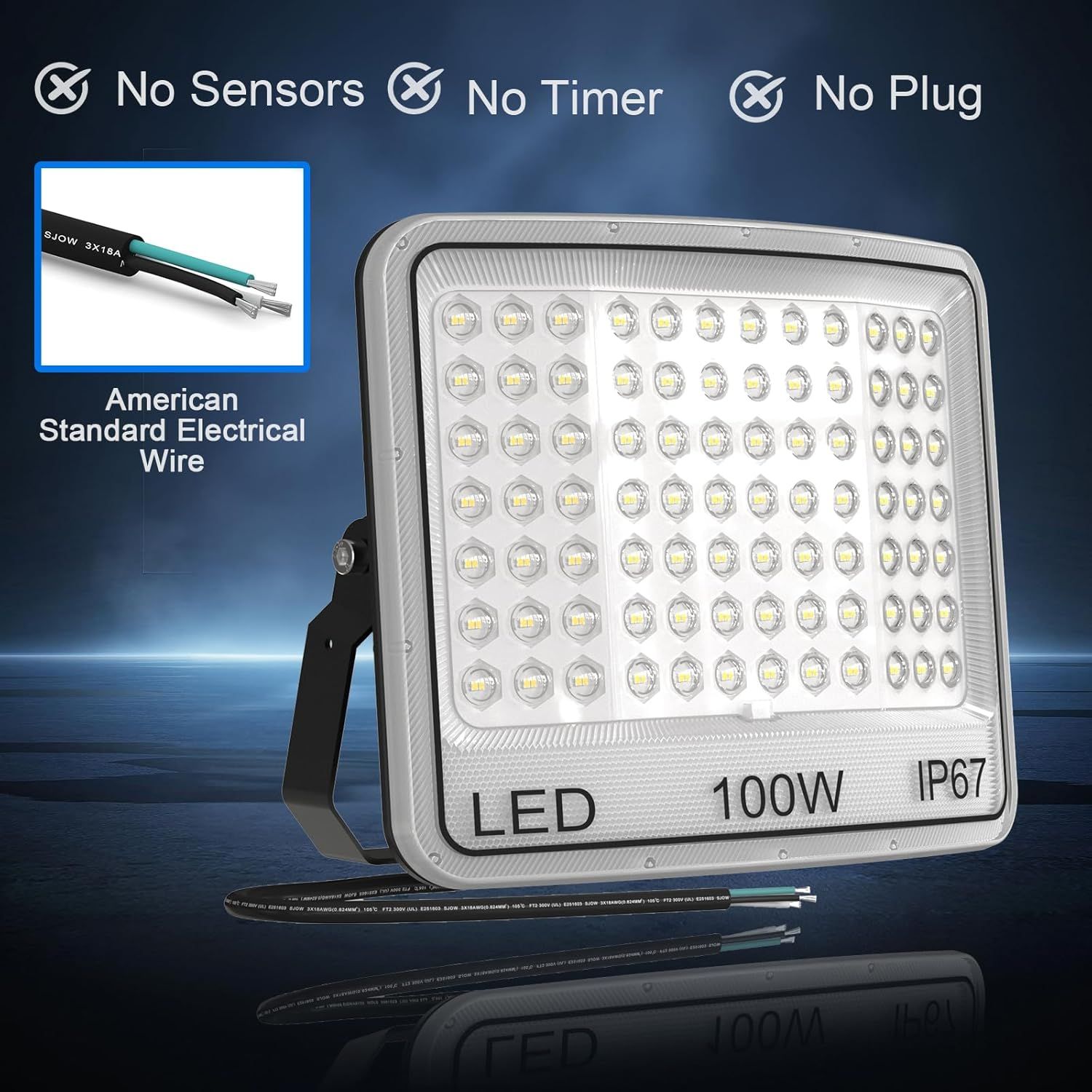 Communicates multiple key features and benefits of the LED floodlight, including ease of use (no sensors, timer, or plug), standard wiring compatibility, power output, and weatherproof rating to…