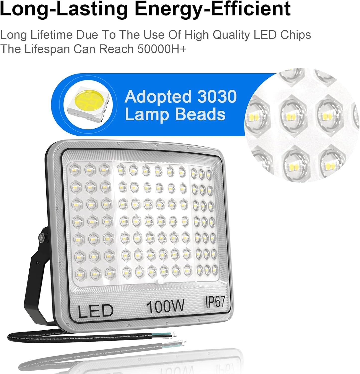 Highlights the specific LED chip technology used in the floodlight to communicate quality and longevity, reassuring shoppers about the product's internal components and 50000H+ lifespan.…
