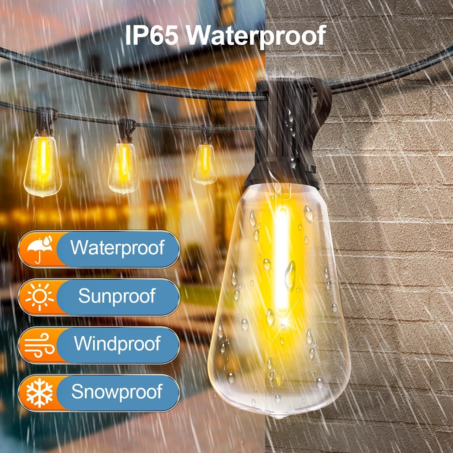 Communicates that the outdoor string lights are weather-resistant and can withstand multiple harsh environmental conditions, reassuring shoppers of durability and year-round usability.
