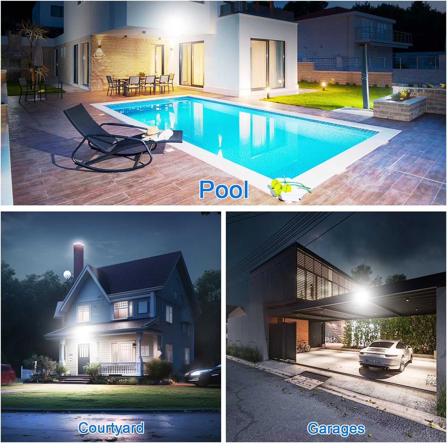 Demonstrates multiple use cases and environments where the product (likely outdoor/security lighting) can be effectively applied, showing versatility across different home exterior settings.