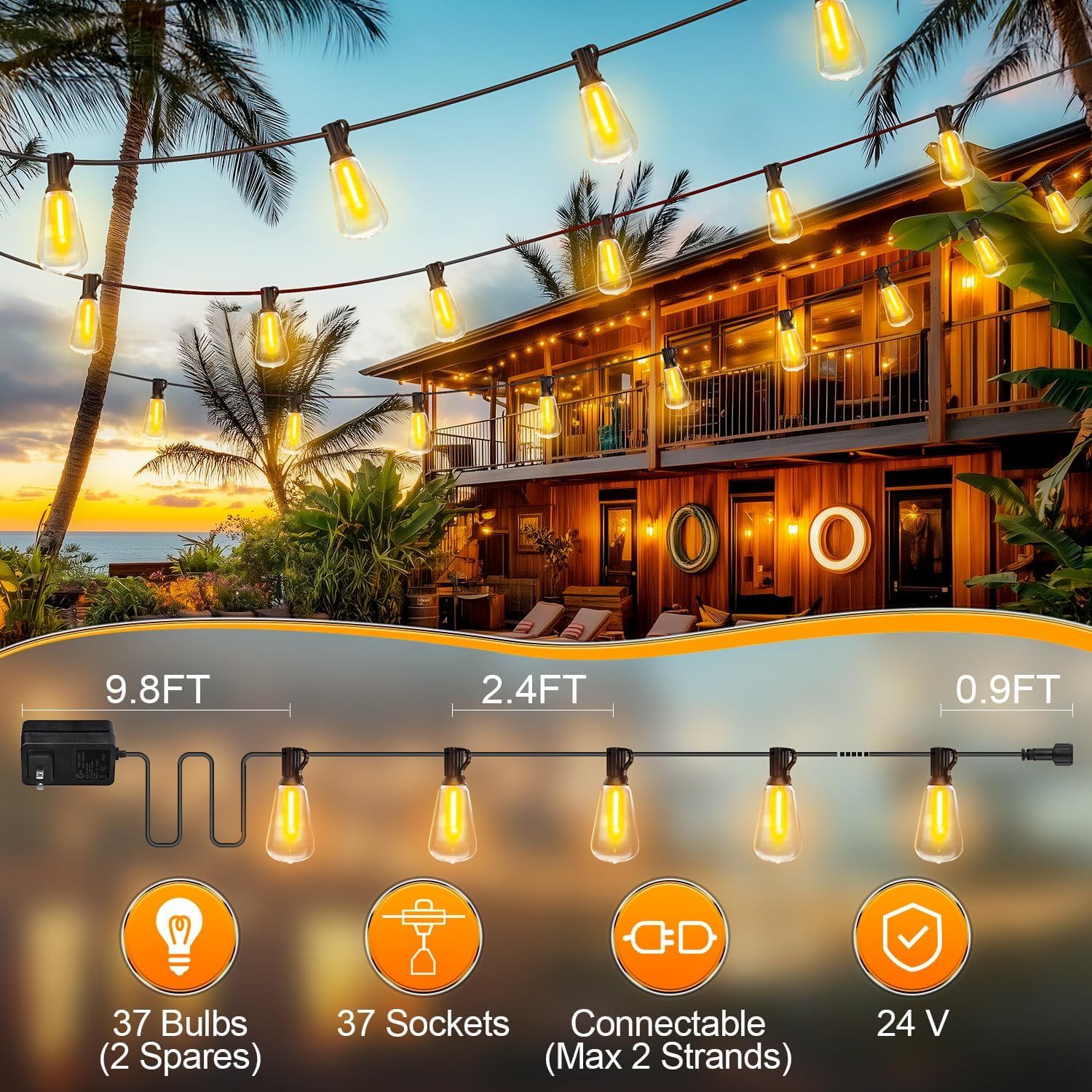Communicates multiple technical specifications and benefits of the outdoor string lights, including bulb count, socket count, connectivity options, and voltage, to help shoppers understand the…