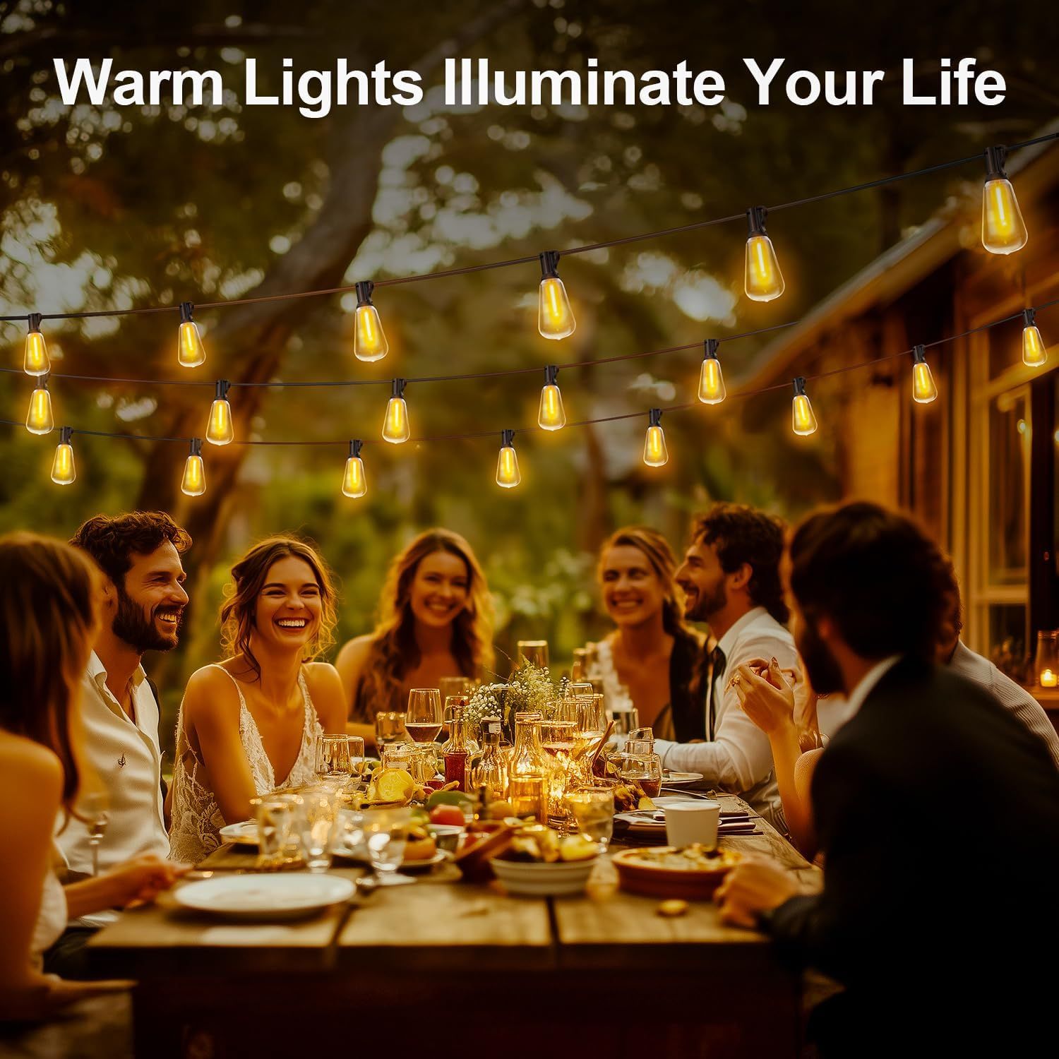 Showcases the product (string lights) in a real-world outdoor dining setting to help shoppers visualize how the lights create warm ambiance for social gatherings and entertainment.