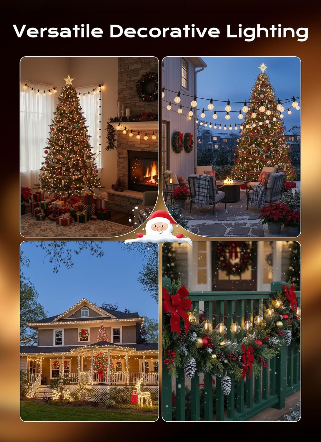 Demonstrates the versatility of the decorative lighting product by showing it used in multiple different settings—indoor living room, outdoor patio, exterior home, and porch—to reassure shoppers it…