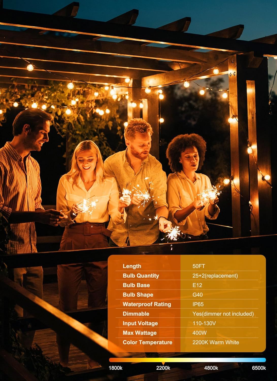 Communicates the detailed technical specifications of the string lights in a structured table format, helping shoppers understand the product's capabilities and features across multiple dimensions.