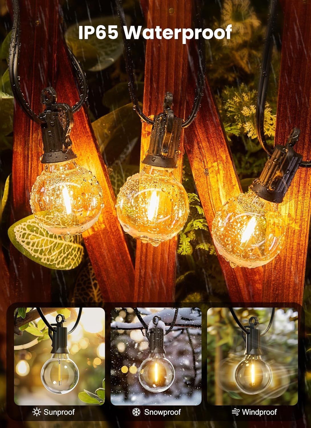 Demonstrates the product's versatility and durability across multiple weather conditions (sun, snow, wind) to reassure shoppers that these lights can withstand various outdoor environments…