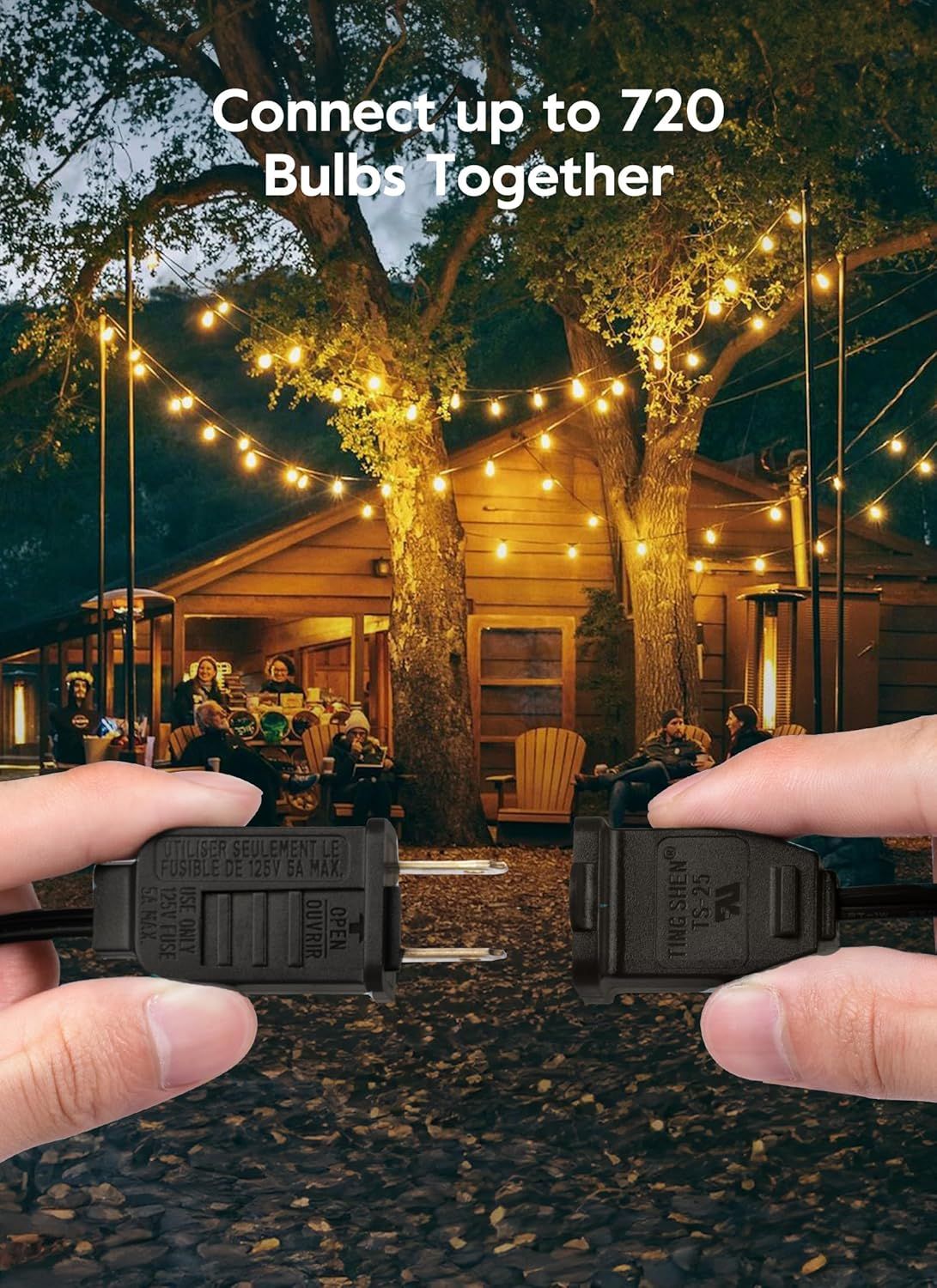 Communicates the product's impressive capacity to connect up to 720 bulbs together, emphasizing scalability and versatility for large-scale outdoor lighting setups. Highlights the key benefit of…