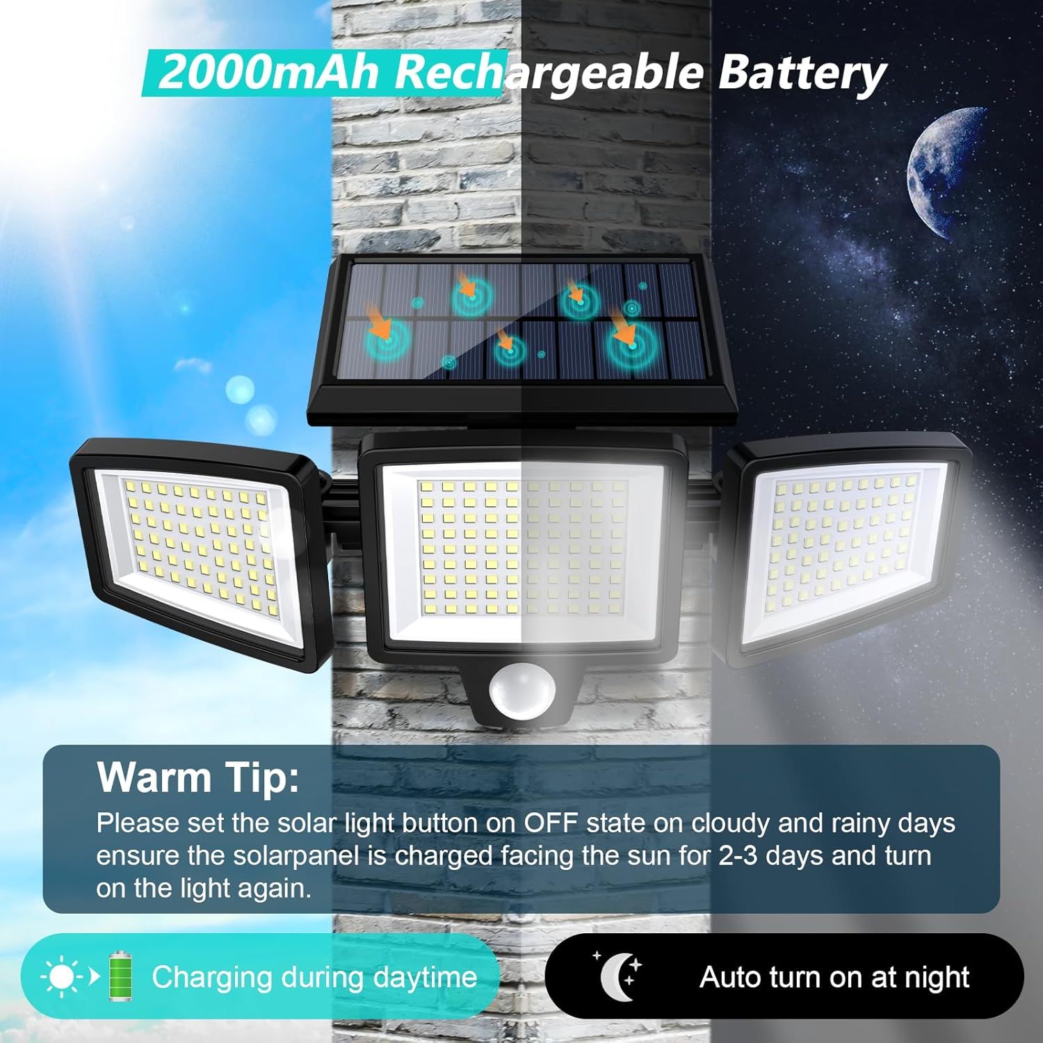 Highlights the battery capacity to reassure shoppers of long-lasting power and reliability for the solar light. Communicates the convenience of solar charging during the day and automatic activation…