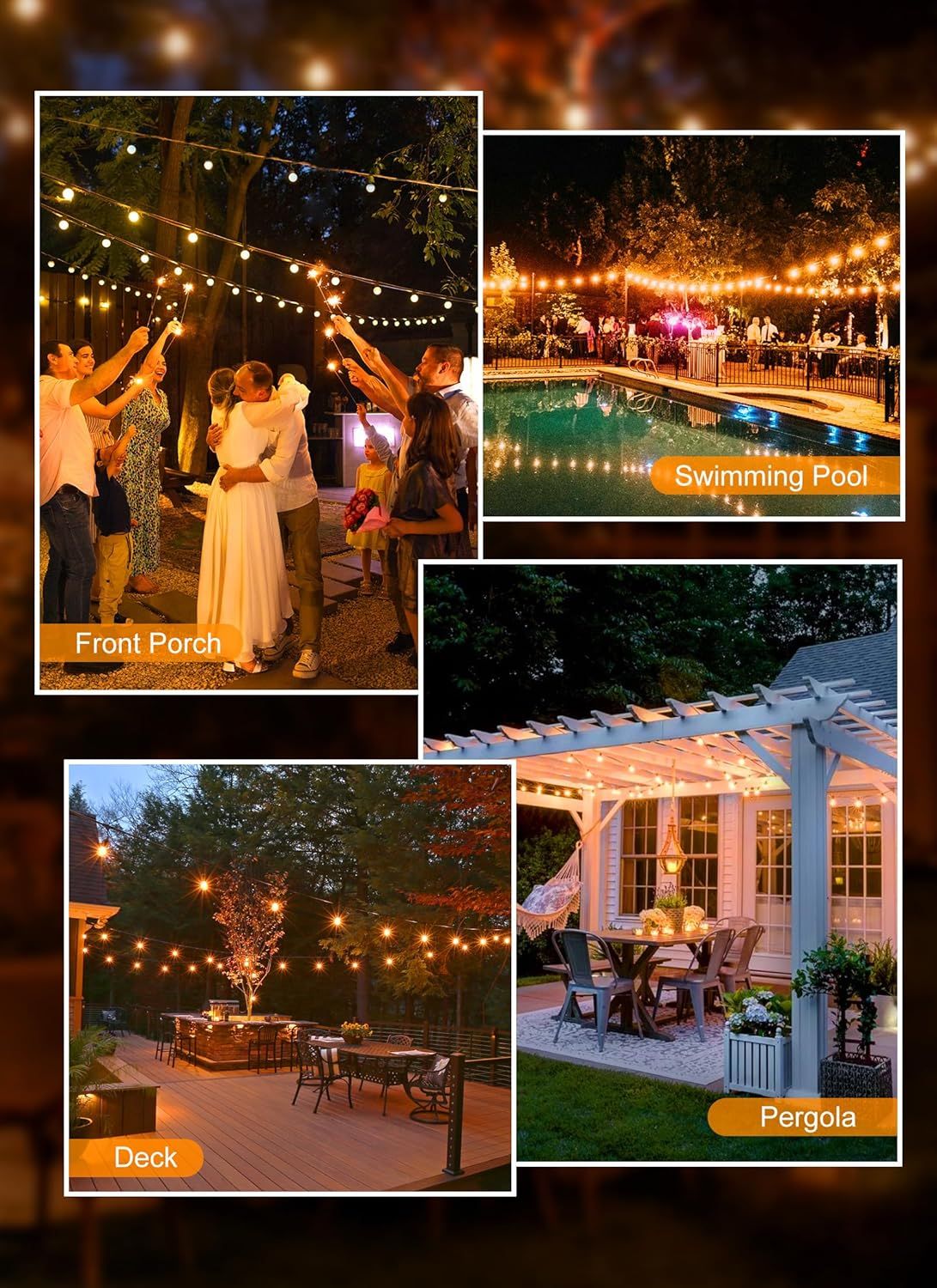 Demonstrates the product's versatility by showing it installed in multiple outdoor settings (front porch, swimming pool, deck, and pergola), reassuring shoppers that the string lights work…