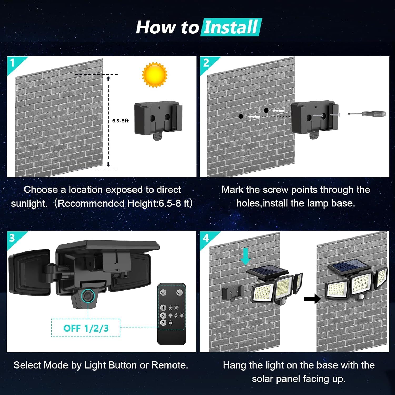 Provides step-by-step installation instructions for mounting and setting up the solar-powered outdoor light, showing shoppers exactly how to install the product from choosing location to final setup.