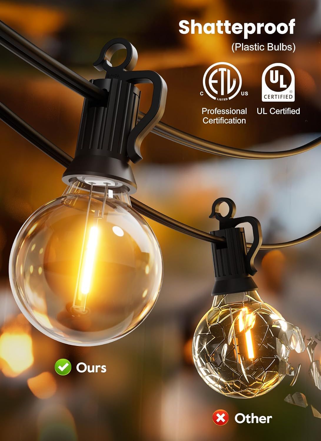 Demonstrates the product's superior safety and durability compared to competitors by highlighting shatterproof plastic bulbs and professional certifications. Reassures shoppers that the product is…
