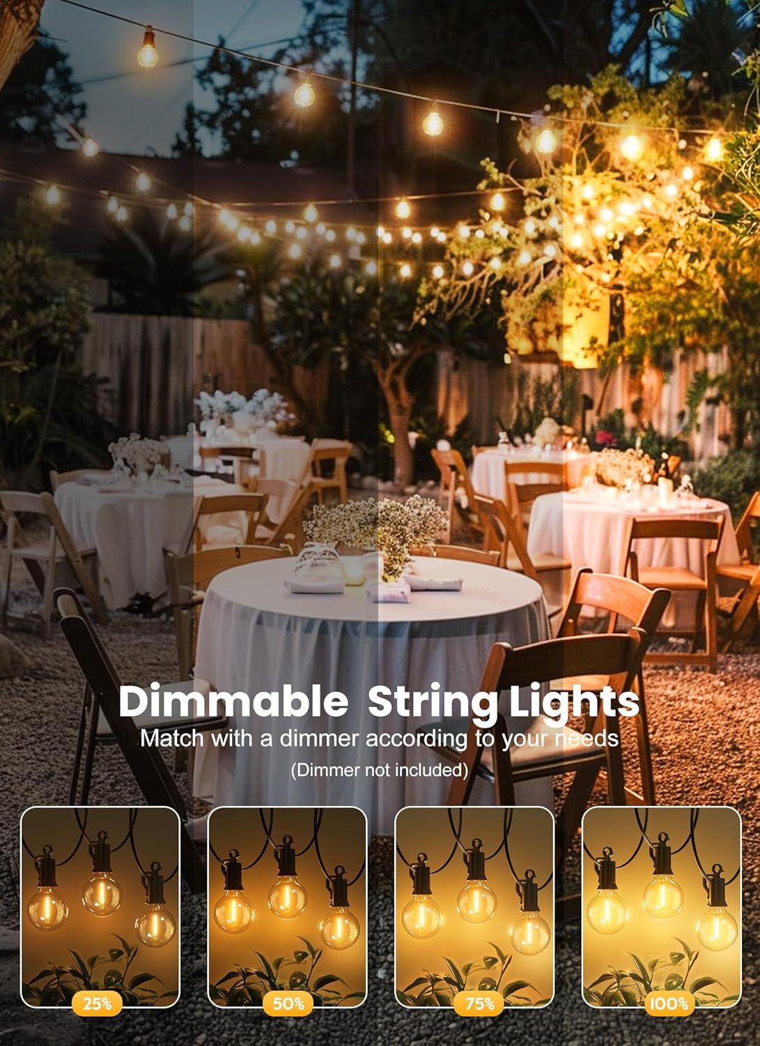 Showcases the product in a real-world outdoor event setting to help shoppers visualize how the string lights create ambiance and atmosphere for gatherings. Communicates the dimmable functionality of…