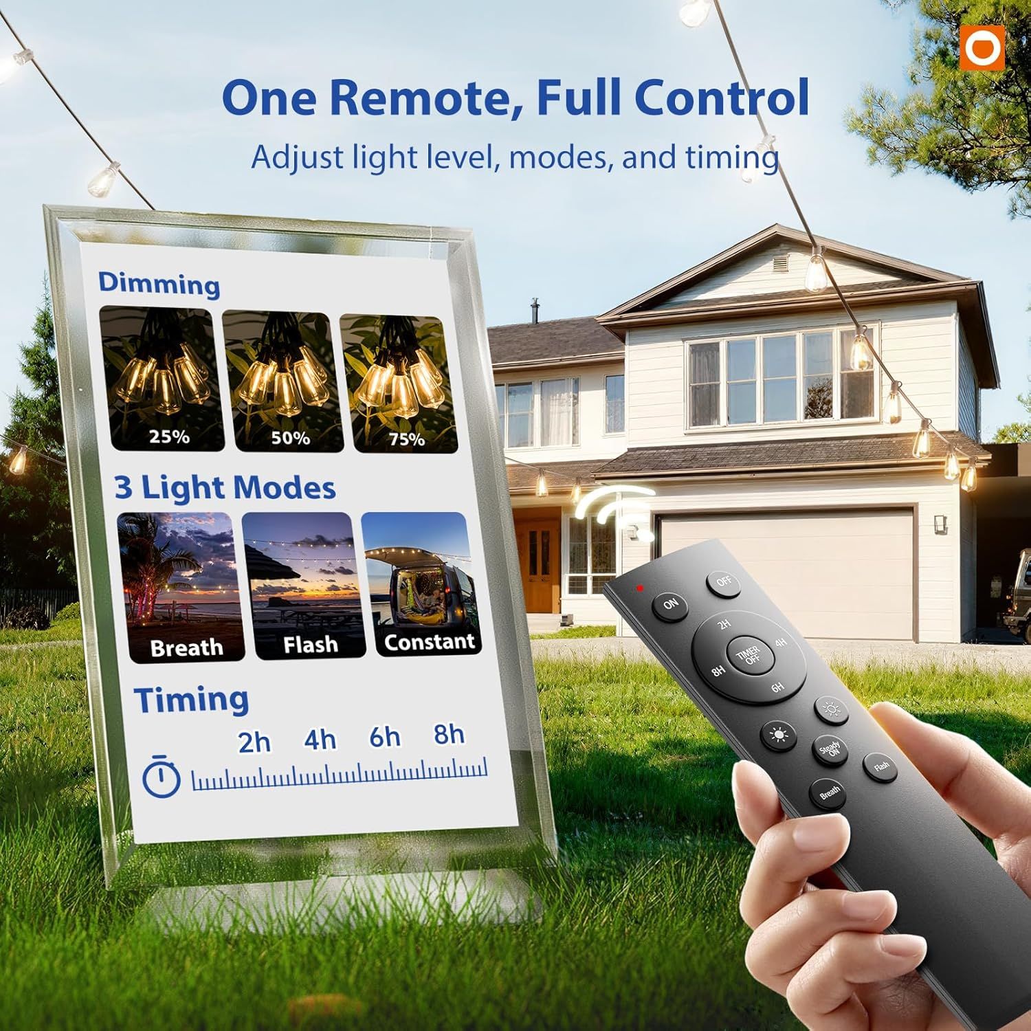 Demonstrates the comprehensive remote control functionality of the outdoor string lights, showing shoppers they can customize brightness levels, select different lighting modes for various…