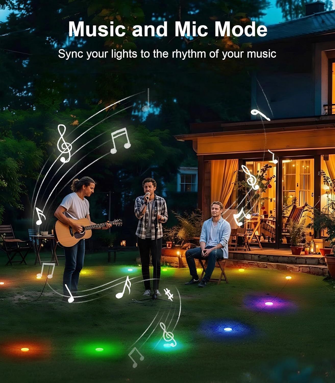 Highlights the product's ability to sync lights to music rhythm, demonstrating the entertainment and ambiance-enhancing feature for outdoor gatherings and performances.